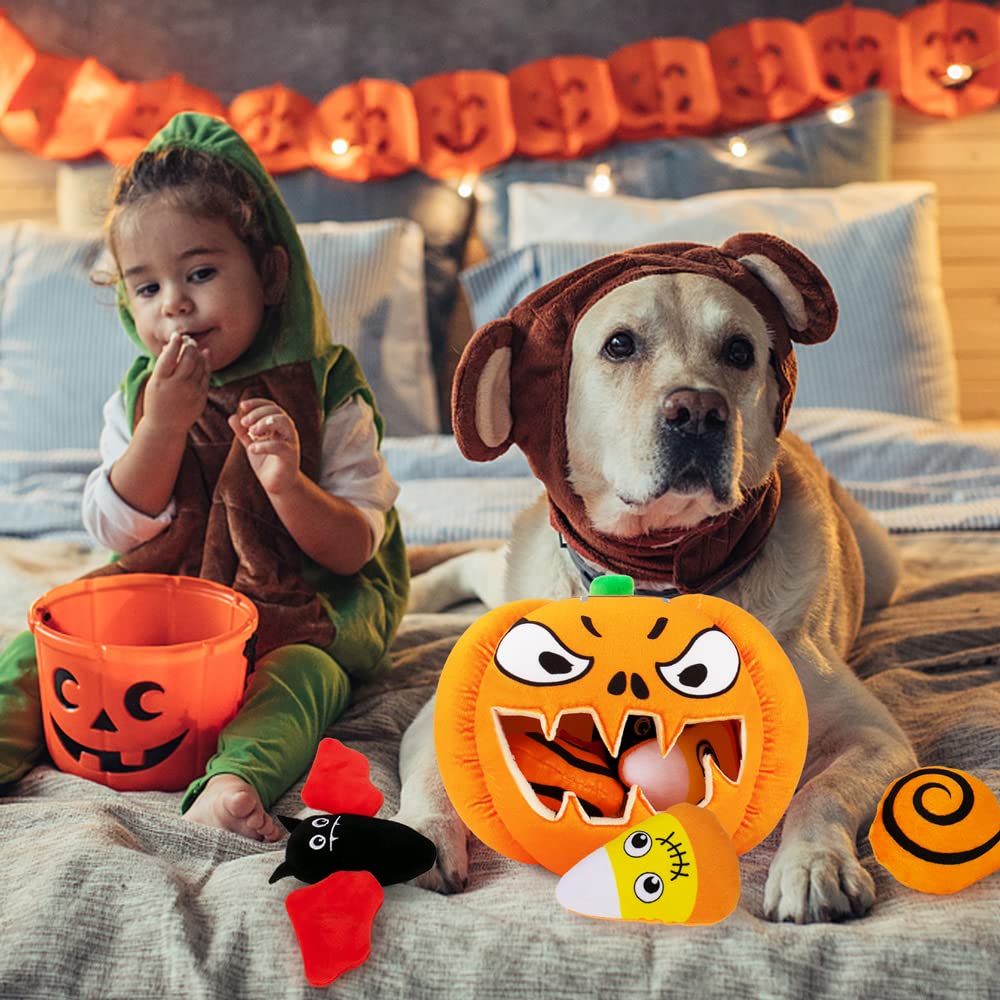 Halloween Dog Toys for Small, Medium & Large Dogs - Durable Squeaky Plush Puppy Toys Set with Pumpkin Design | Interactive Chew Toys for Hide & Seek Play | Perfect for Halloween Parties, Training & Bonding with Your Pet