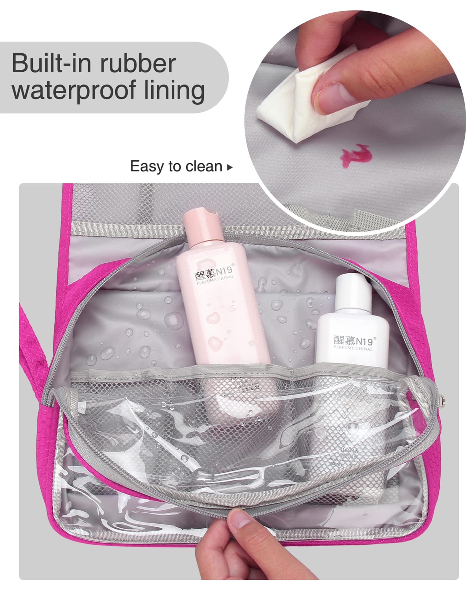 Relavel Hanging Travel Toiletry Bag for Women - Large Waterproof Cosmetic Organizer with Multiple Pockets, Pink Hanging Makeup Bag for Bathroom & Shower Essentials - Perfect for Travel, Camping & Gym Use