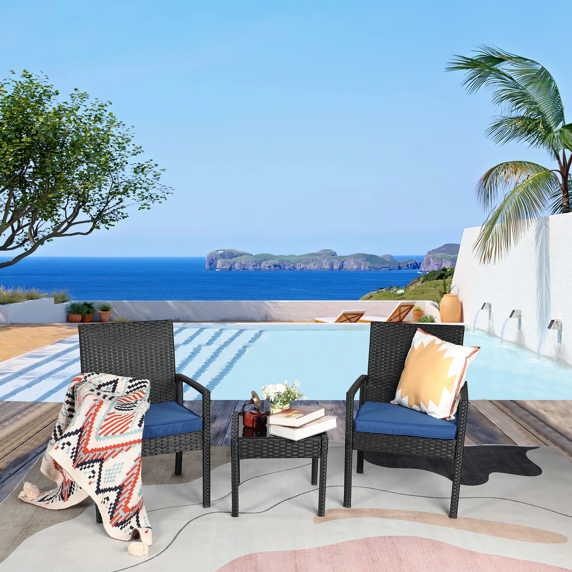 3-Piece Patio Furniture Set - Rattan Wicker Outdoor Bistro Set for Front Porch, Balcony & Small Spaces - Perfect for Relaxing, Dining & Entertaining Outdoors