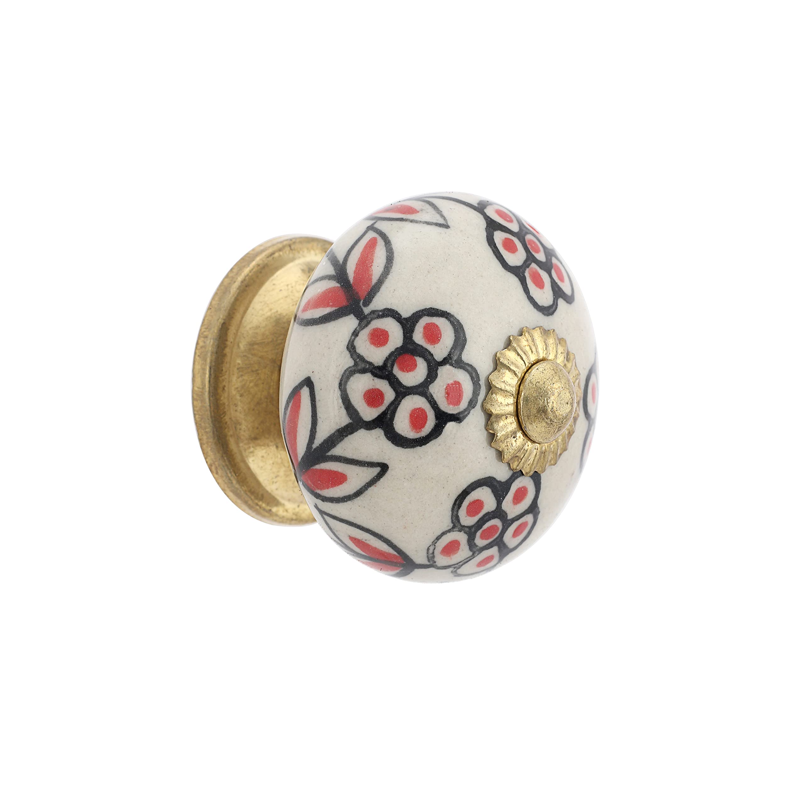 Boho Ceramic Drawer Knobs - Floral Red & Black - Pack of 4 for Cabinets & Wardrobes