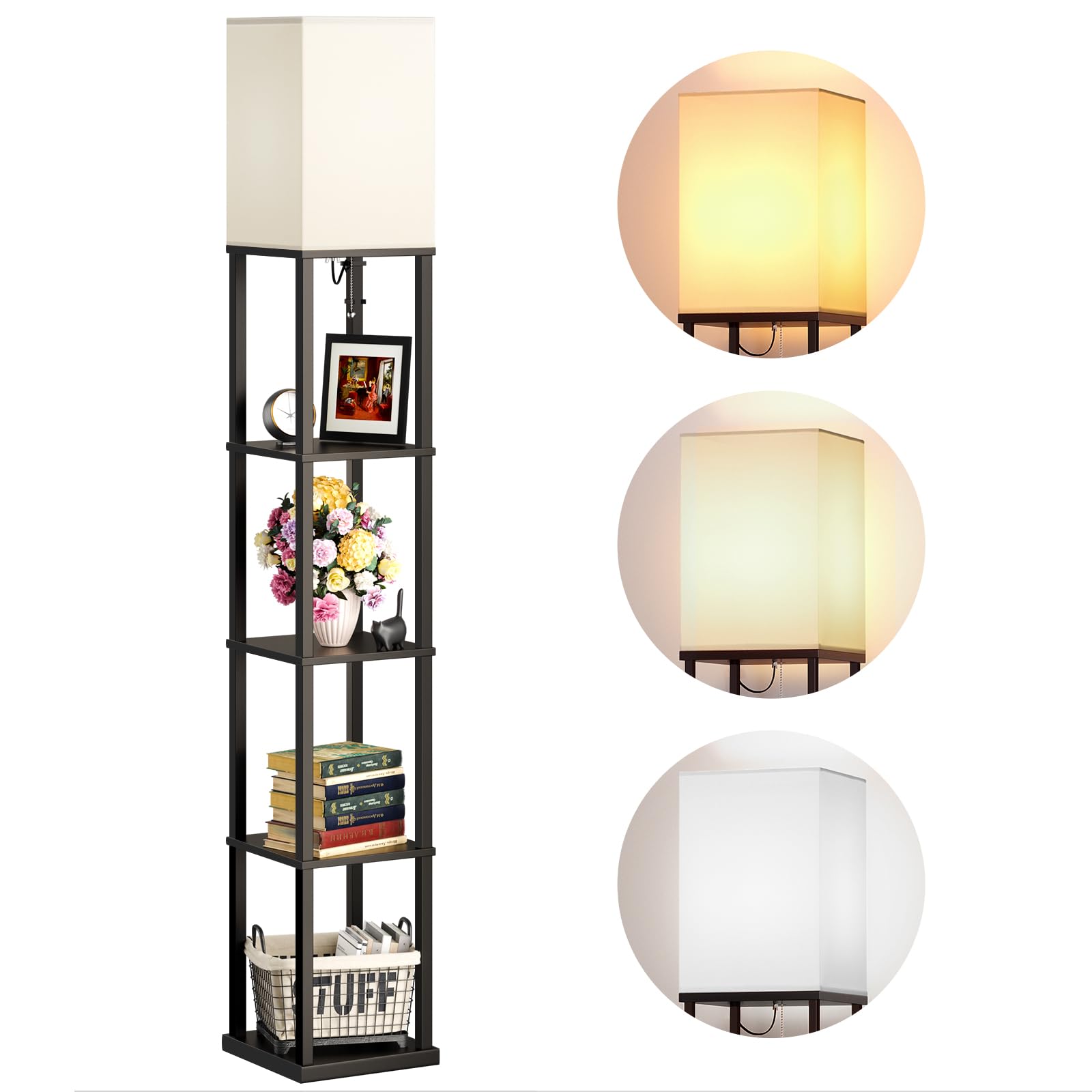 Addlon 5-Tier Modern Shelf Floor Lamp with 3CCT LED Bulb - Adjustable Brightness Display Lamp for Living Room, Bedroom, Office - Black - Perfect for Reading, Decor & Space Saving