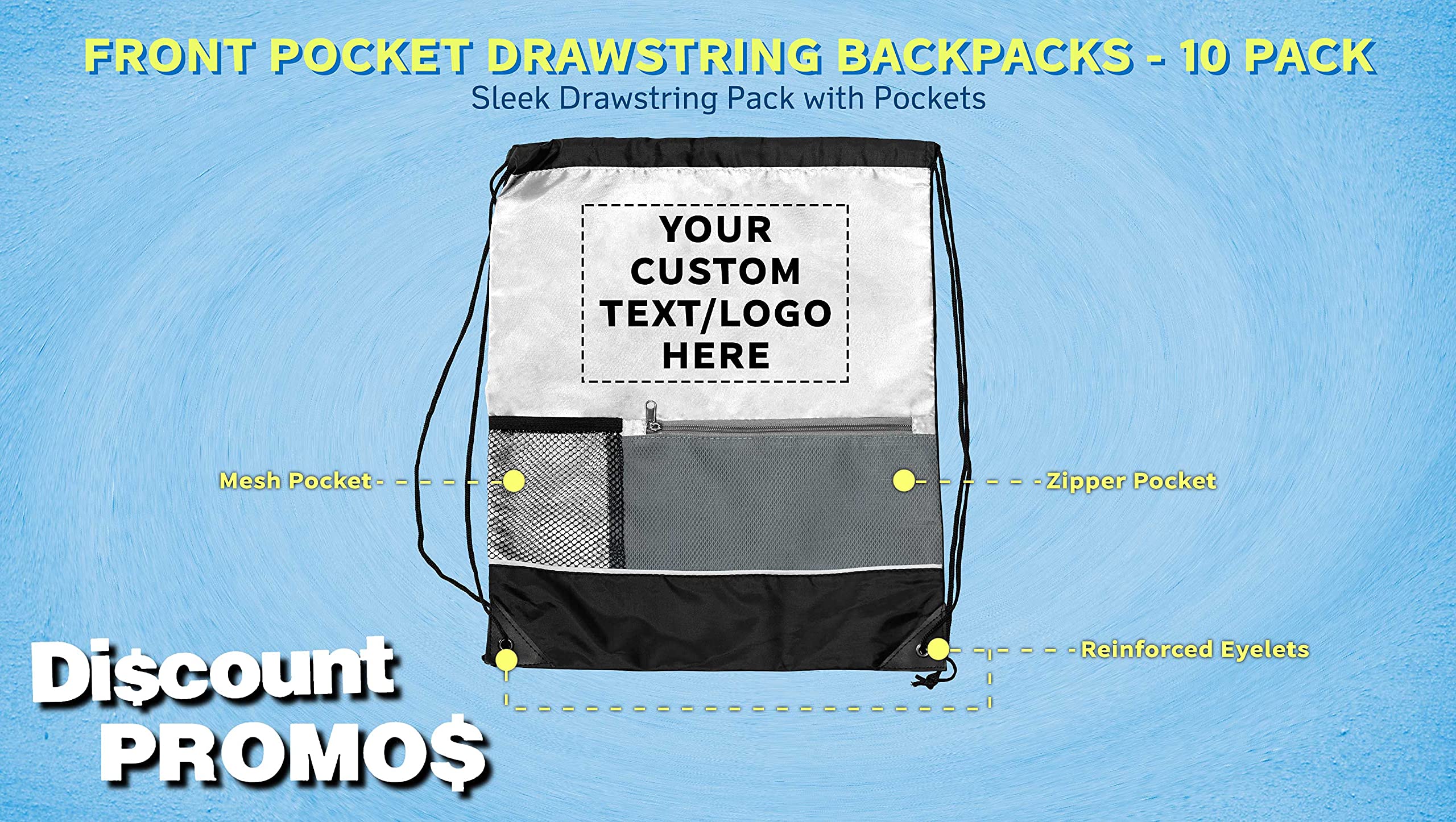 Custom Front Pocket Drawstring Backpacks - Bulk Set of 10, Personalized Reusable Lightweight Sports Bags for Gym, Travel & Promotional Events - White Backpack Pack