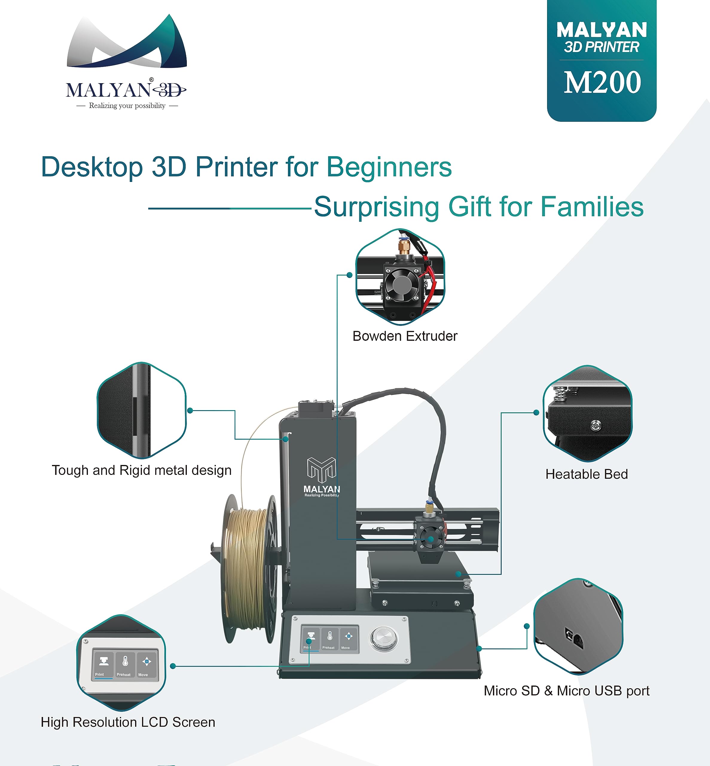 MALYAN M200 FDM Mini 3D Printer - Fully Assembled Desktop 3D Printer for Kids, Beginners & Hobbyists | Includes Free PLA Filament Sample & Preloaded MicroSD Card | 120x120x120mm Build Volume | Perfect for Home, School & DIY Projects
