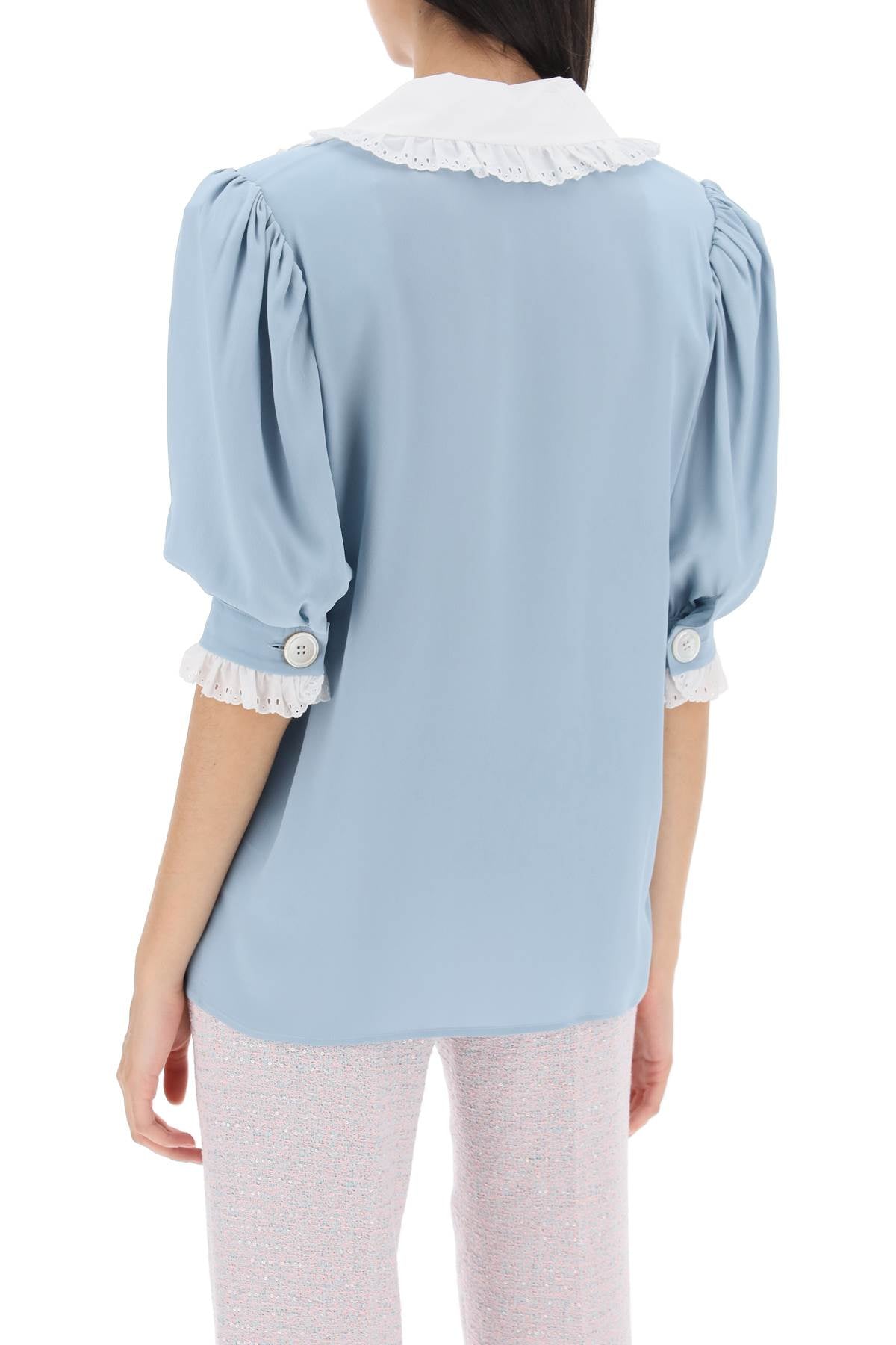 Alessandra Rich Women's Embroidered Collar Short Sleeve Blouse - Elegant Casual Top for Office, Dating & Special Occasions