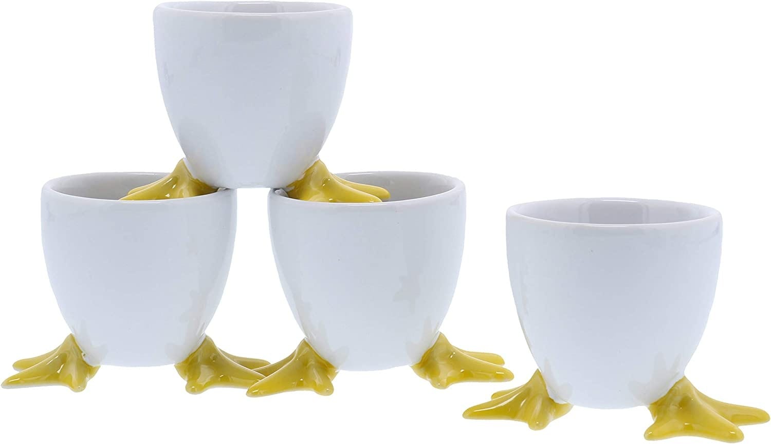 Set of 4 White Chicken Footed Egg Cups with Yellow Feet - Fun Farmhouse Kitchen Decor for Easter Brunch or Breakfast Table Setting