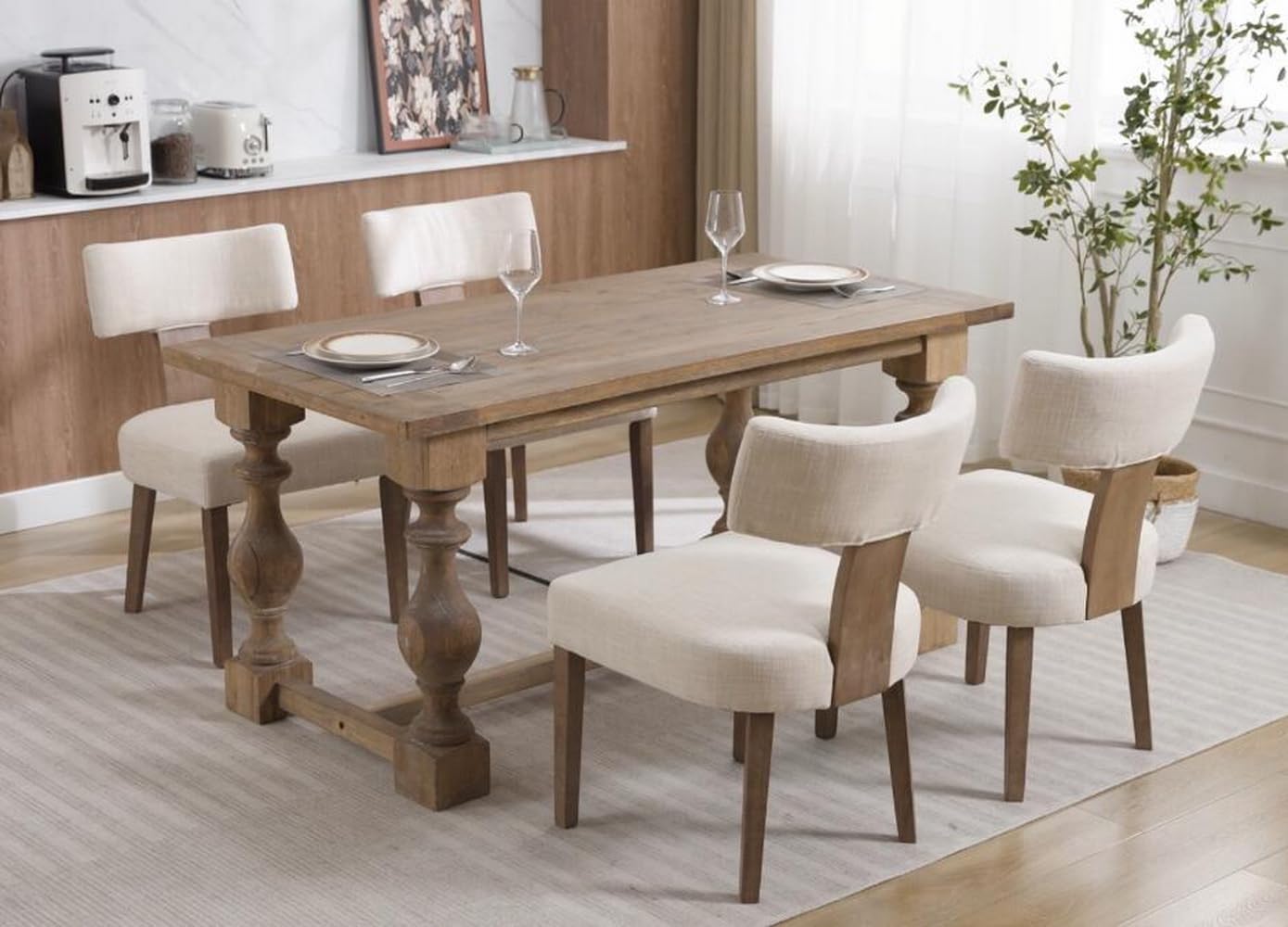 Mid Century Modern Dining Chairs Set of 4 - Upholstered Linen Fabric Kitchen Chairs with Curved Backrest & Wood Legs, Beige - Farmhouse Style for Dining Room & Kitchen Decor