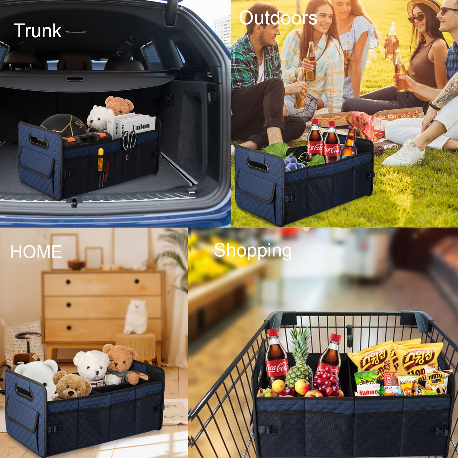 JiatuA Collapsible Car Trunk Organizer for SUV - Multi-Compartment Storage Container Box with Adjustable Dividers - Car Accessories for Women & Men (Dark Blue) - Perfect for Road Trips, Grocery Shopping & Family Outings