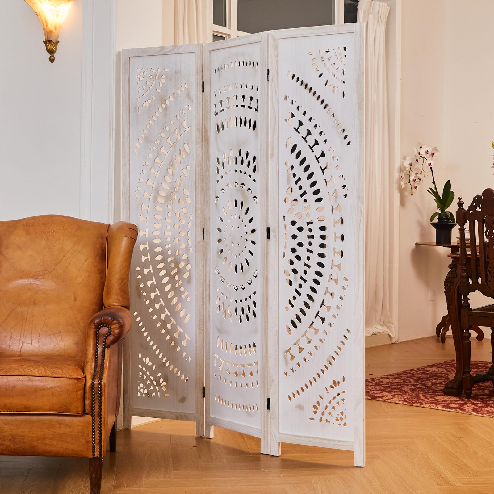 Handcrafted Wooden Room Divider Screen - 3 Panel Folding Partition with Bohemian Carvings for Home, Office, Garden & Terrace (Antique White Finish) | Perfect for Creating Privacy Spaces, Room Separation & Decorative Accents