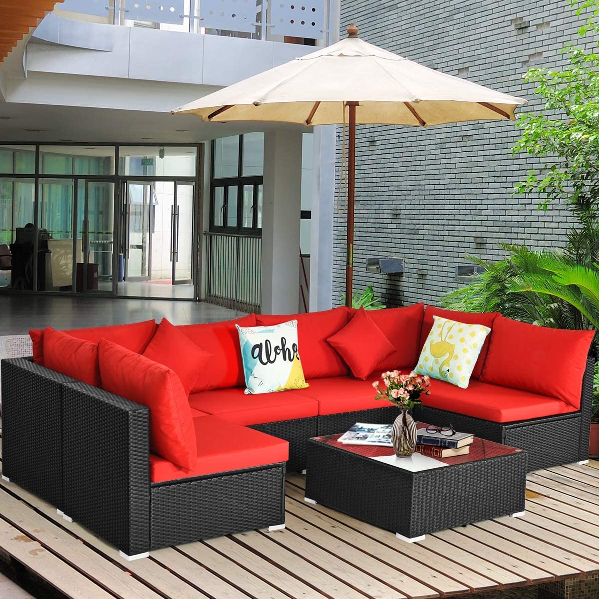 7-Piece Outdoor Patio Furniture Set - Rattan Wicker Sectional Sofa with Cushions, Pillows & Coffee Table - Perfect for Garden, Lawn, Backyard & Poolside Relaxation