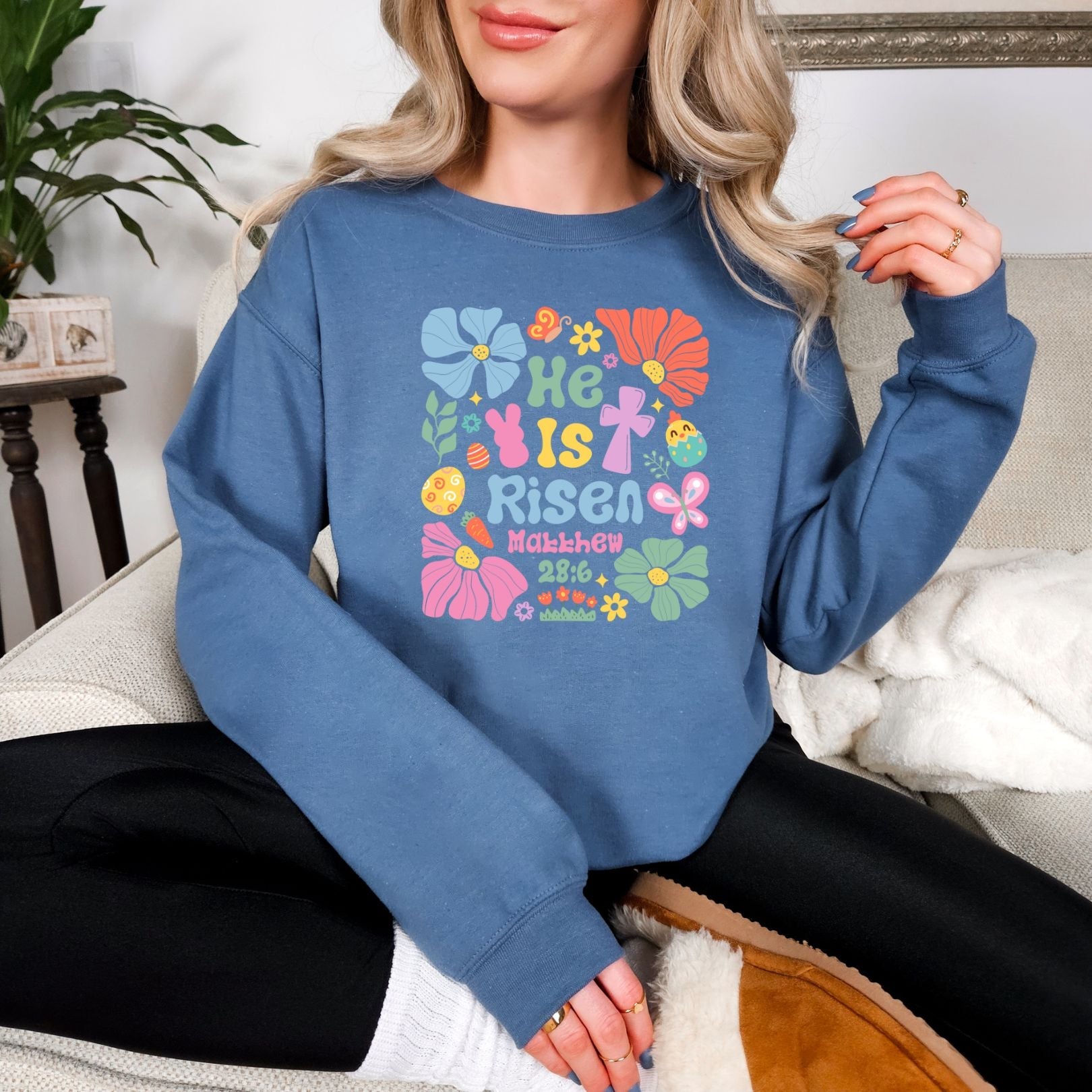 He Is Risen Boho Floral Graphic Sweatshirt - Christian Easter Apparel, Spring Fashion Top for Women - Perfect for Church, Sunday Service & Easter Celebrations