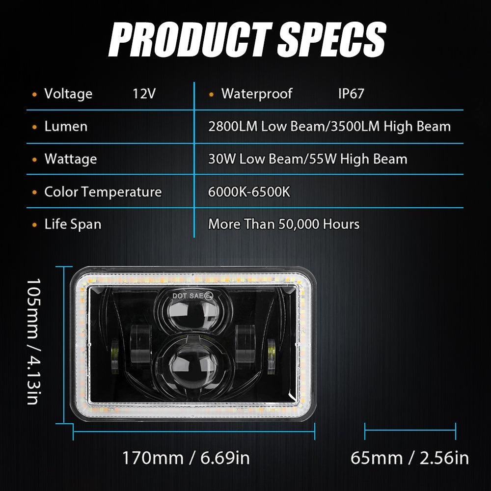 2-Pack 4x6 Sealed Beam LED Headlight Kit - Hi/Lo Beam with DRL & Amber Turn Signal Lights - Perfect for Jeep Wrangler, Ford Bronco, Off-Road Trucks & SUVs