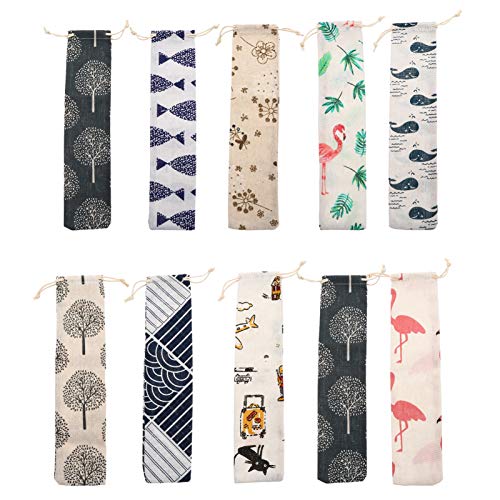 VALICLUD 10Pcs Reusable Cutlery Drawstring Bags - Portable Japanese Style Utensil Holder for Spoon, Chopsticks, Forks & Straws - Cotton Linen Silverware Pouch for Home, Kitchen, Outdoor Picnic & Travel Accessories
