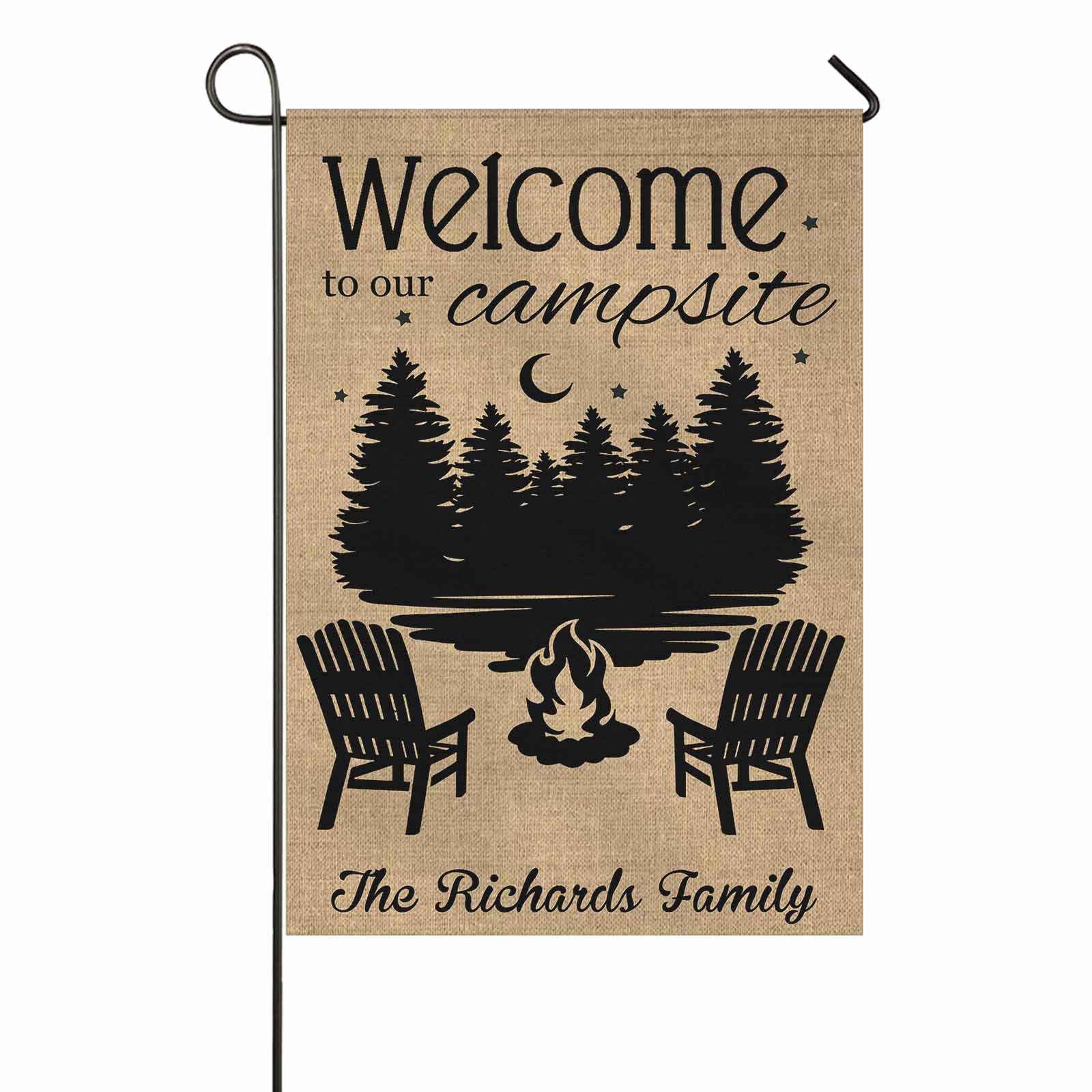 Personalized Welcome to Our Campsite Garden Flag - Custom Text Forest Stars Design - 28x40 Inch Outdoor Yard Banner for Campers, RV Parks & Backyard Decor - Perfect for Camping Trips & Cozy Outdoor Gatherings