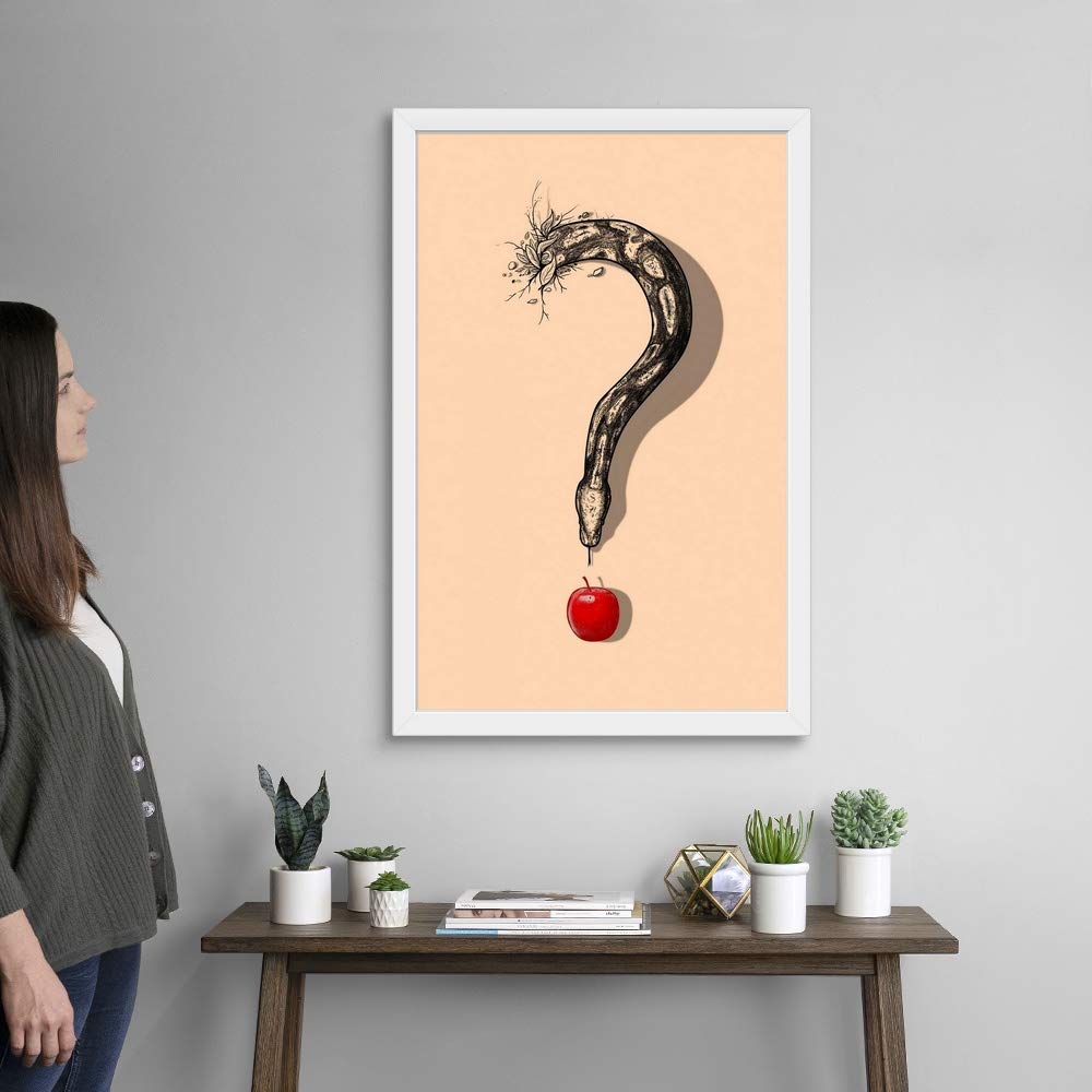 Curious Temptation White Framed Art Print - Modern Apple Still Life Wall Decor for Kitchen, Dining Room & Office | Premium Canvas Painting for Home & Office Decor