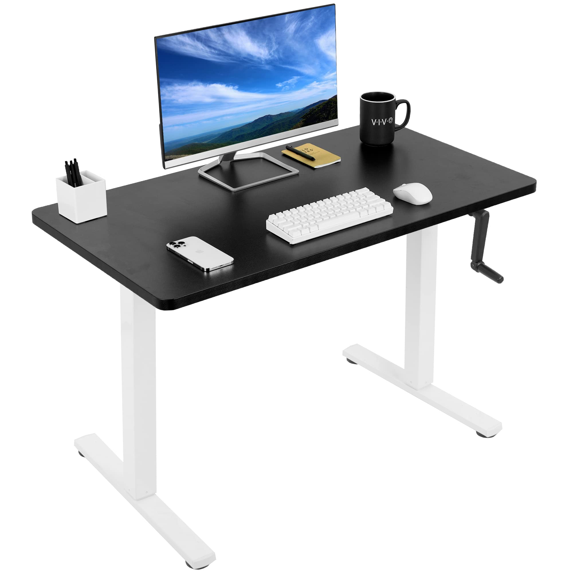 VIVO 43 x 24 Inch Adjustable Standing Desk - Manual Height Adjustable Workstation with Solid Black Table Top & White Frame, Foldable Handle - Perfect for Home Office, Small Spaces & Ergonomic Workspaces