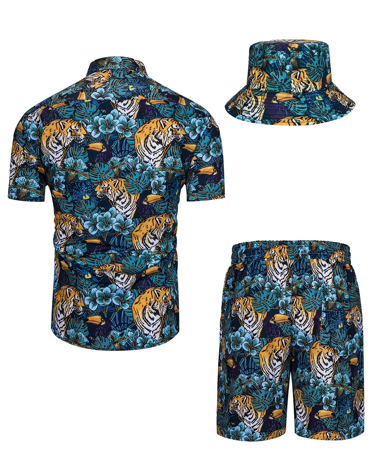 TUNEVUSE Men's Hawaiian Shirts and Shorts Set - 2 Piece Tropical Beach Outfit with Floral Print & Bucket Hat | Summer Vacation Wear for Pool Party, Luau, Cruise & Island Getaway