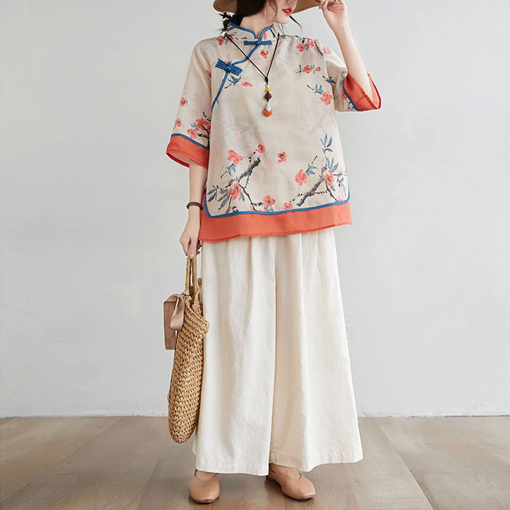 LUZU JUNU Women's Summer Linen Shirt - Elegant Retro Chinese Frog Button Floral Tunic Blouse | Breathable Casual Top for Beach, Vacation & Everyday Wear