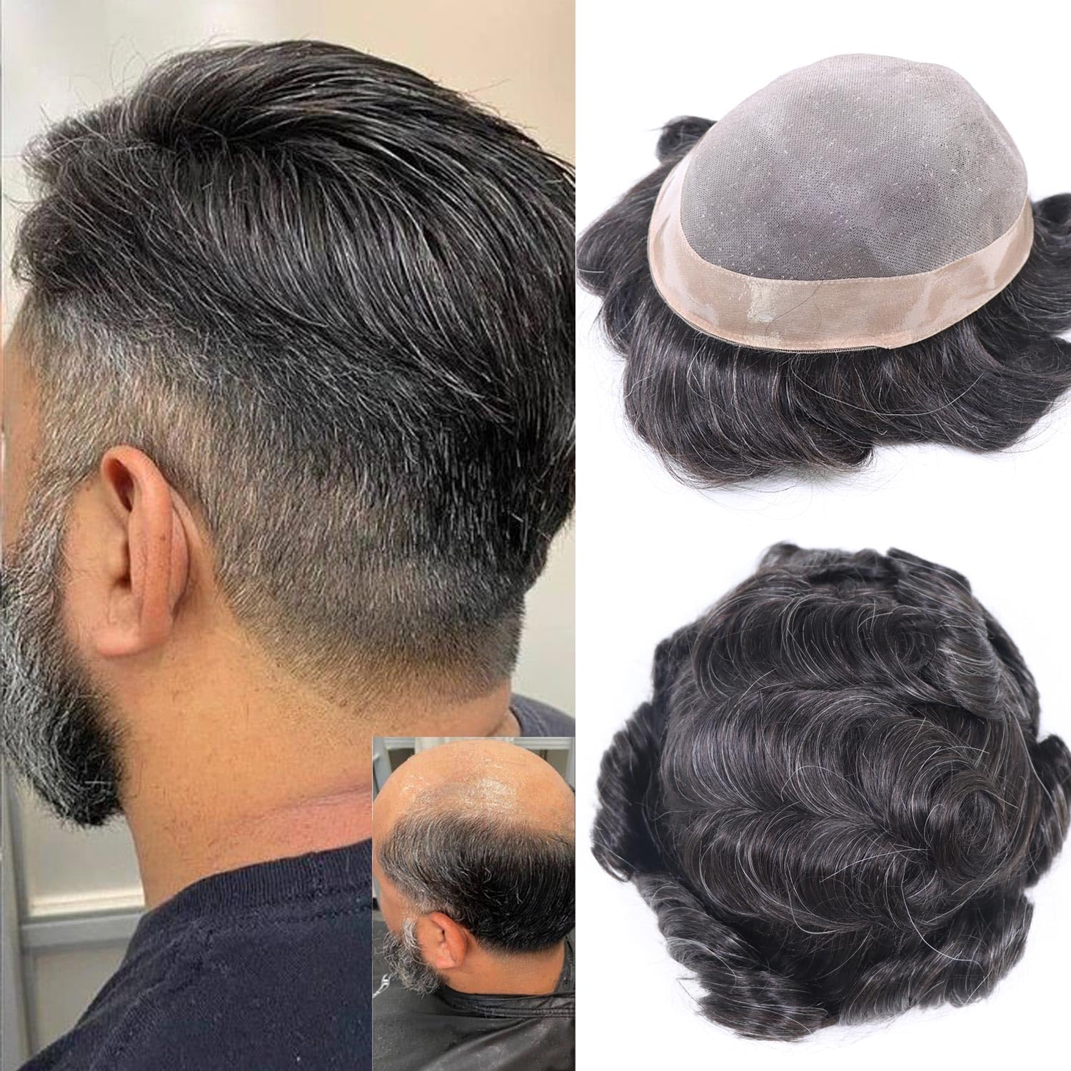 Premium Human Hair Toupee for Men - #1B Off Black with 20% Grey - 10x8 Fine Mono Hairpiece with NPU Around | Natural Looking Men's Hair Topper for Thinning Hair & Baldness | Perfect for Daily Wear, Special Occasions & Confidence Boost