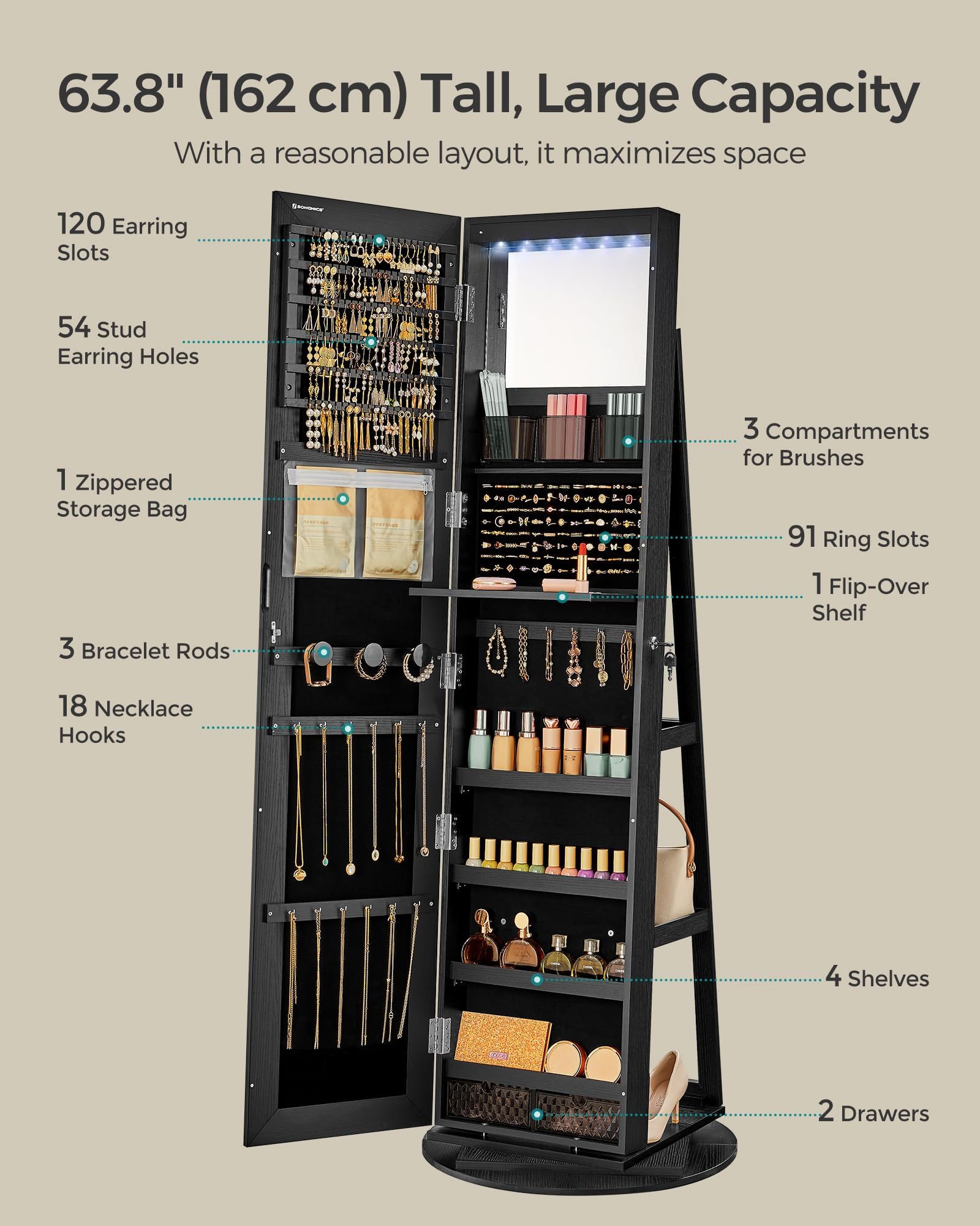 SONGMICS 6-LED Lockable Jewelry Cabinet with Full-Length Mirror - 360° Swivel Jewelry Organizer with 3 Storage Shelves, Black Finish - Perfect for Bedroom, Walk-in Closet & Dressing Room Organization