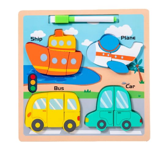 MontyMaestro - Wooden Puzzle 4 Block Set | Montessori Learning Toy | Early Childhood Educational STEM Game | Colorful Building Blocks for Toddlers Age 3+ (Vehicles Theme) - Perfect for Preschool Classroom, Homeschooling & Kids Birthday Gifts