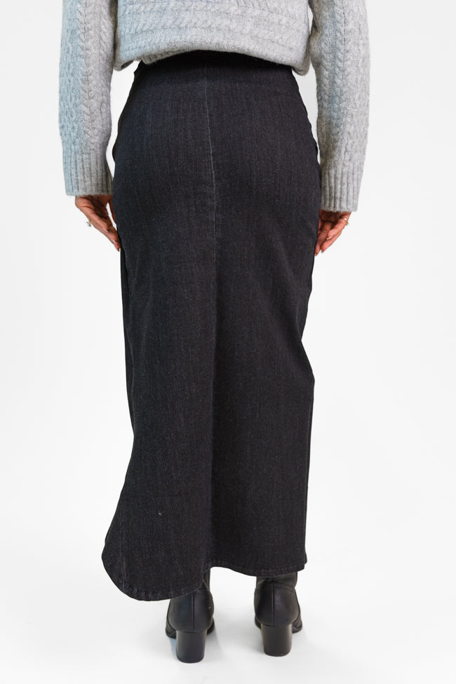 Unexpected Turn Black Denim Twist Front Midi Skirt | Women's Fashion Stretch Denim Skirt | Perfect for Casual Outings, Date Nights & Office Wear