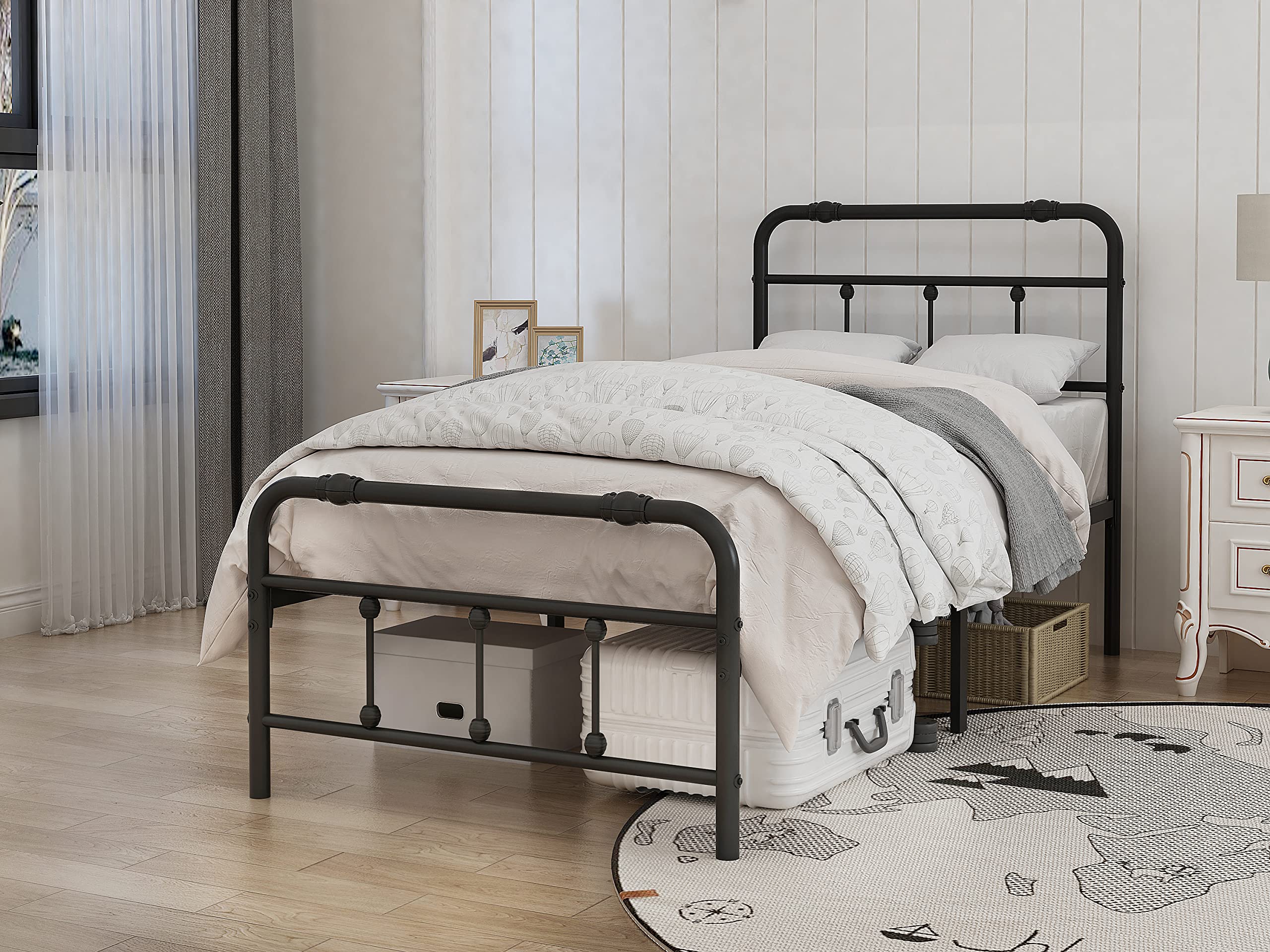 Twin XL Platform Bed Frame with Headboard & Footboard - Victorian Vintage Style Metal Bed Frame, No Box Spring Needed, 13 Inch Storage Space with Decorative Balls - Easy Assembly (Black) | Perfect for Small Bedrooms, Guest Rooms & Dorm Decor