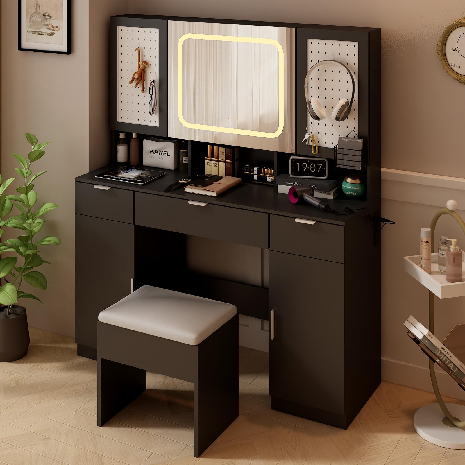 Karl Home Large Vanity Table Set with LED Lighted Mirror - Makeup Vanity Desk with Charging Station, Storage Cabinets & Drawers, Cushioned Stool - Perfect for Bedroom Makeup & Dressing Area - Black