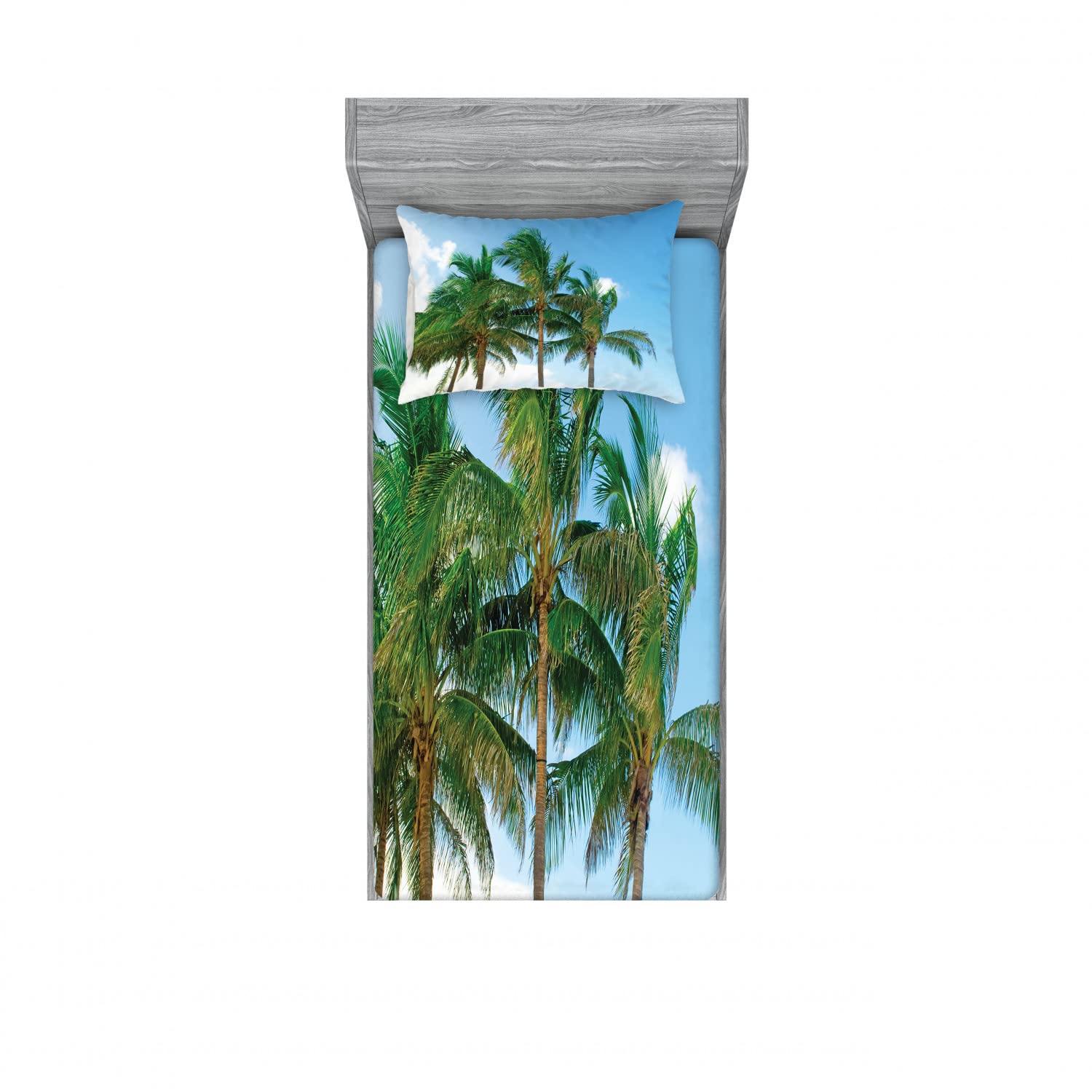 Ambesonne 2-Pack Twin XL Fitted Sheets & Pillow Sham Set - Exotic Tropical Nature Print, 4-Piece Bedding Decor in Green | Perfect for Dorm Rooms, Guest Beds & Vacation Homes
