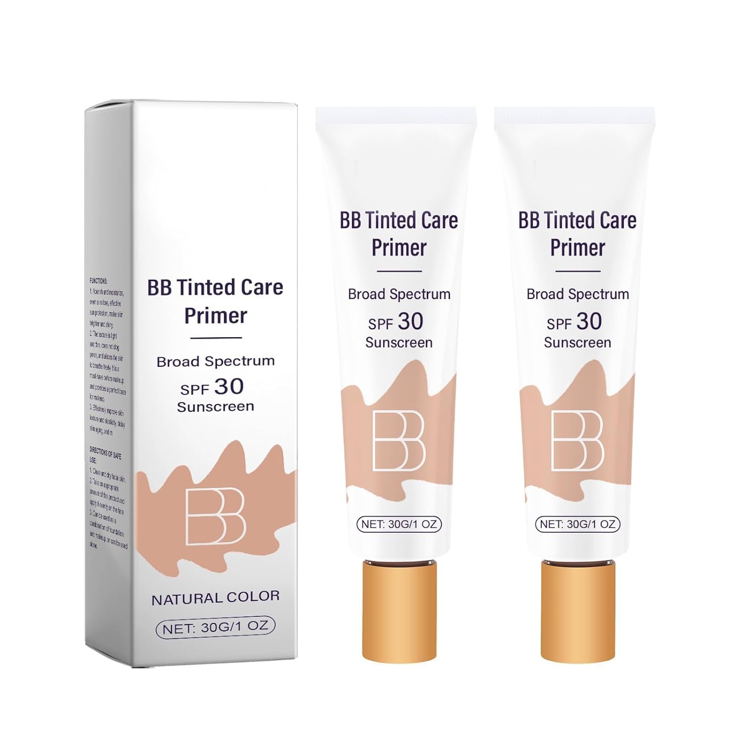 BB Cream Tinted Moisturizer with SPF 30 - Full Coverage Hydrating Foundation & Primer for Light to Medium Skin Tones, Natural Finish (2-Pack) | Daily Sun Protection & Flawless Makeup Base for Work or Casual Outings