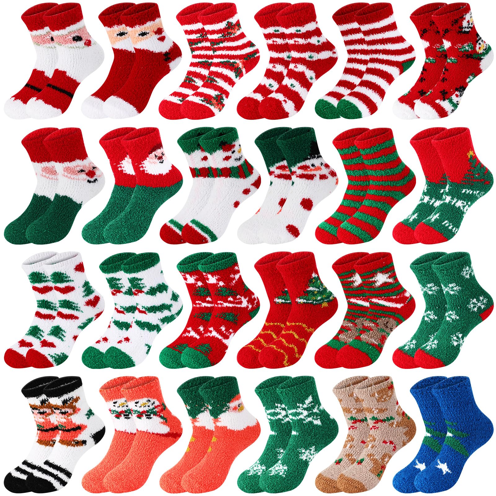 Suhine 48 Pairs Christmas Fuzzy Socks - Colorful Cozy Fluffy Holiday Socks for Women & Kids - Warm Winter Slipper Socks for Gifts, Stocking Stuffers & Family Matching Outfits
