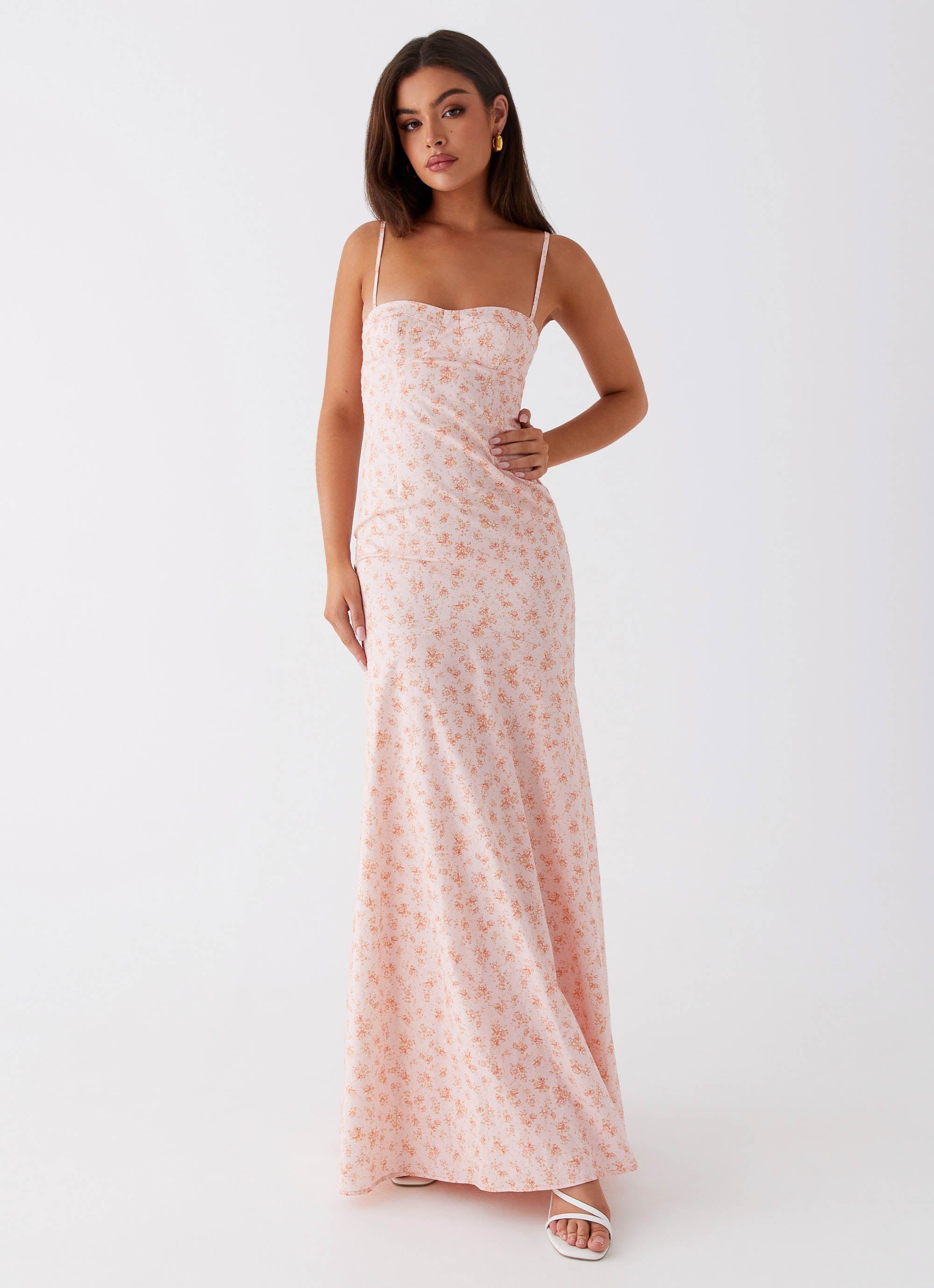 Britney Maxi Dress - Pink Ditsy Floral Print Long Summer Dress for Women | Beach Wedding, Vacation, Party Wear