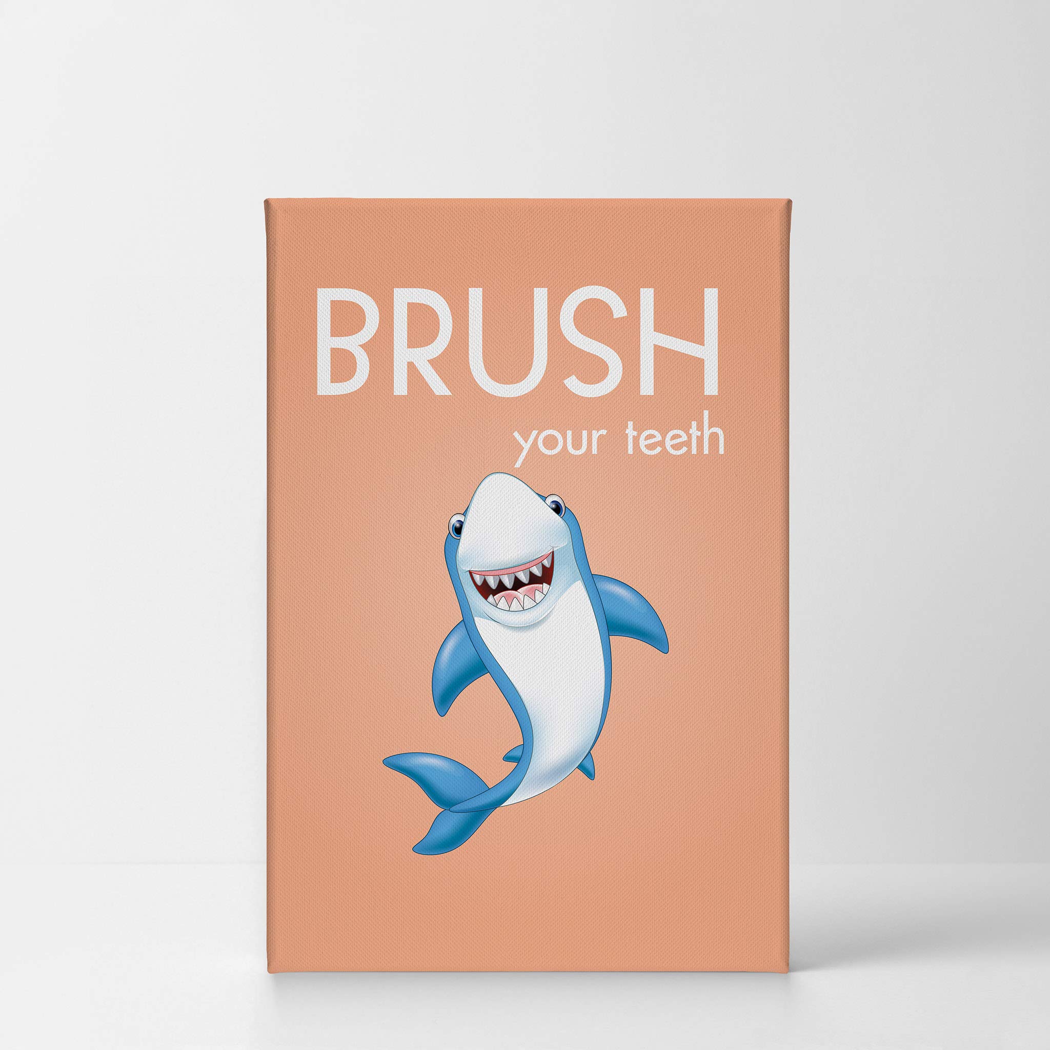 Smile Art Design Brush Your Teeth Quote Canvas Print - Funny Bathroom Wall Decor for Kids & Nursery, Shark Theme Ready-to-Hang Bathroom Sign (40x30 Inches) - Perfect for Children's Bathrooms, Dental Offices & Playrooms | Made in USA
