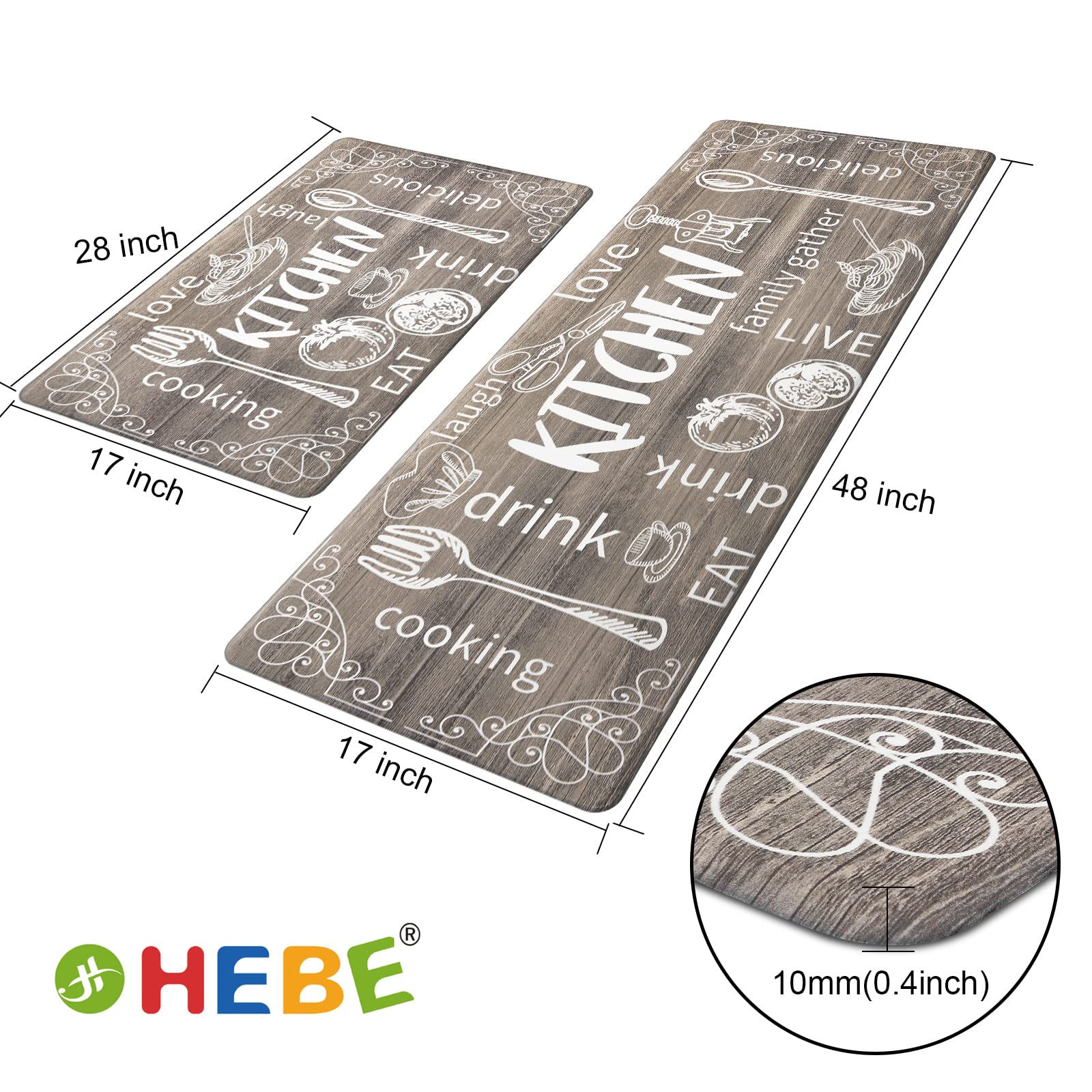 HEBE Anti-Fatigue Kitchen Rug Set of 2 - Non-Slip Cushioned Floor Mats, Waterproof Comfort for Sink & Laundry Room - Farmhouse Style Chef Mats for Standing Support (Brown) | Perfect for Cooking, Dishwashing & Long Hours in Kitchen