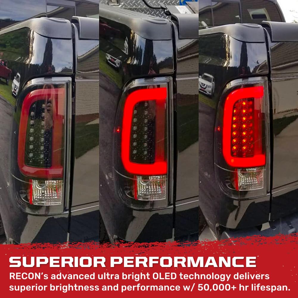 RECON Smoked Lens OLED Tail Lights for 1999-2007 Ford Super Duty F250 F350 F450 F550 Trucks - Durable LED Brake Lights with Enhanced Visibility for Night Driving & Towing