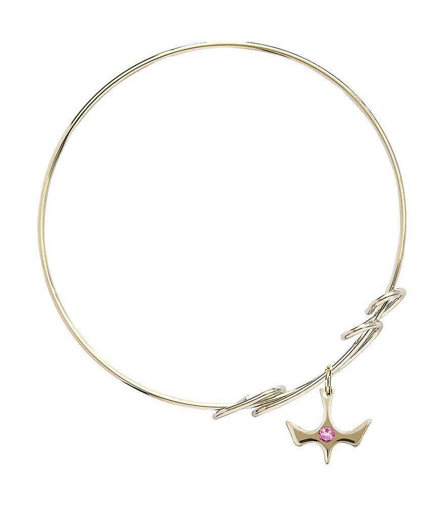 8 Inch Round Double Loop Bangle Bracelet with Holy Spirit Medal Charm & Rose Crystal - Elegant Religious Jewelry for Women, Perfect for Church, Weddings, and Special Occasions