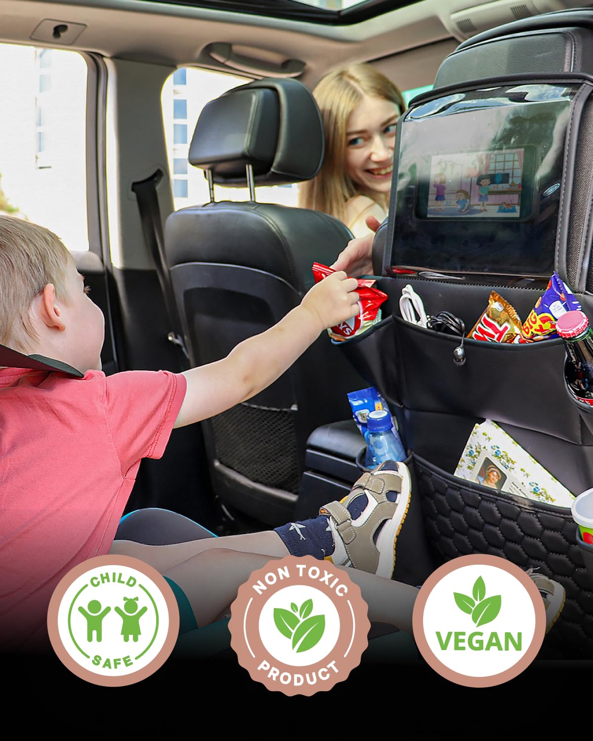 Premium Leather Back Seat Car Organizer with Cat & Child Seat Protector - Multi-Pocket Vehicle Storage Organizer for Toys, Snacks & Essentials - Perfect for Family Road Trips & Pet Travel Accessories