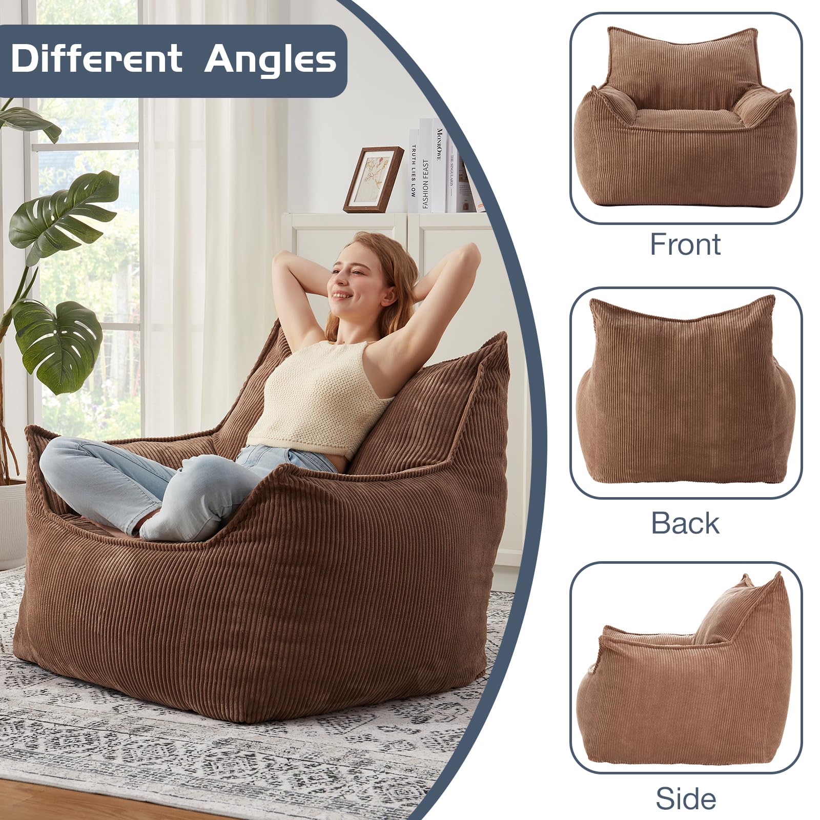 Giant Bean Bag Chair for Adults & Teens - Extra Large Comfy Corduroy Bean Bag Sofa with Armrests & Included Filler - Perfect for Bedroom, Living Room, Game Room & Dorm Relaxation