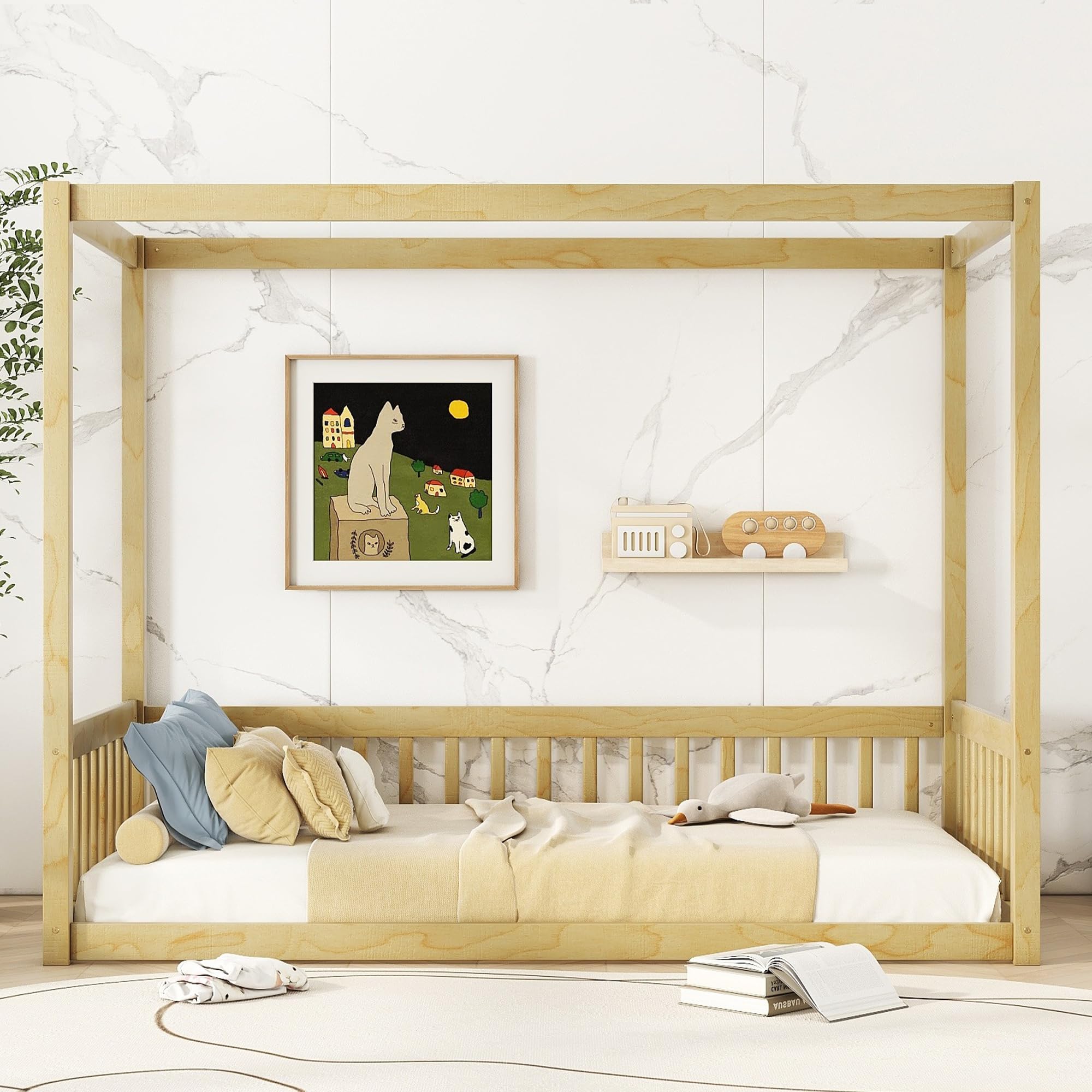 Twin Size Wooden Canopy Bed Frame with Guardrails for Kids - Montessori Floor Bed with Four Poster Design - Natural Wood Toddler Bed for Girls & Boys - Perfect for Bedrooms, Playrooms & Montessori Learning Spaces