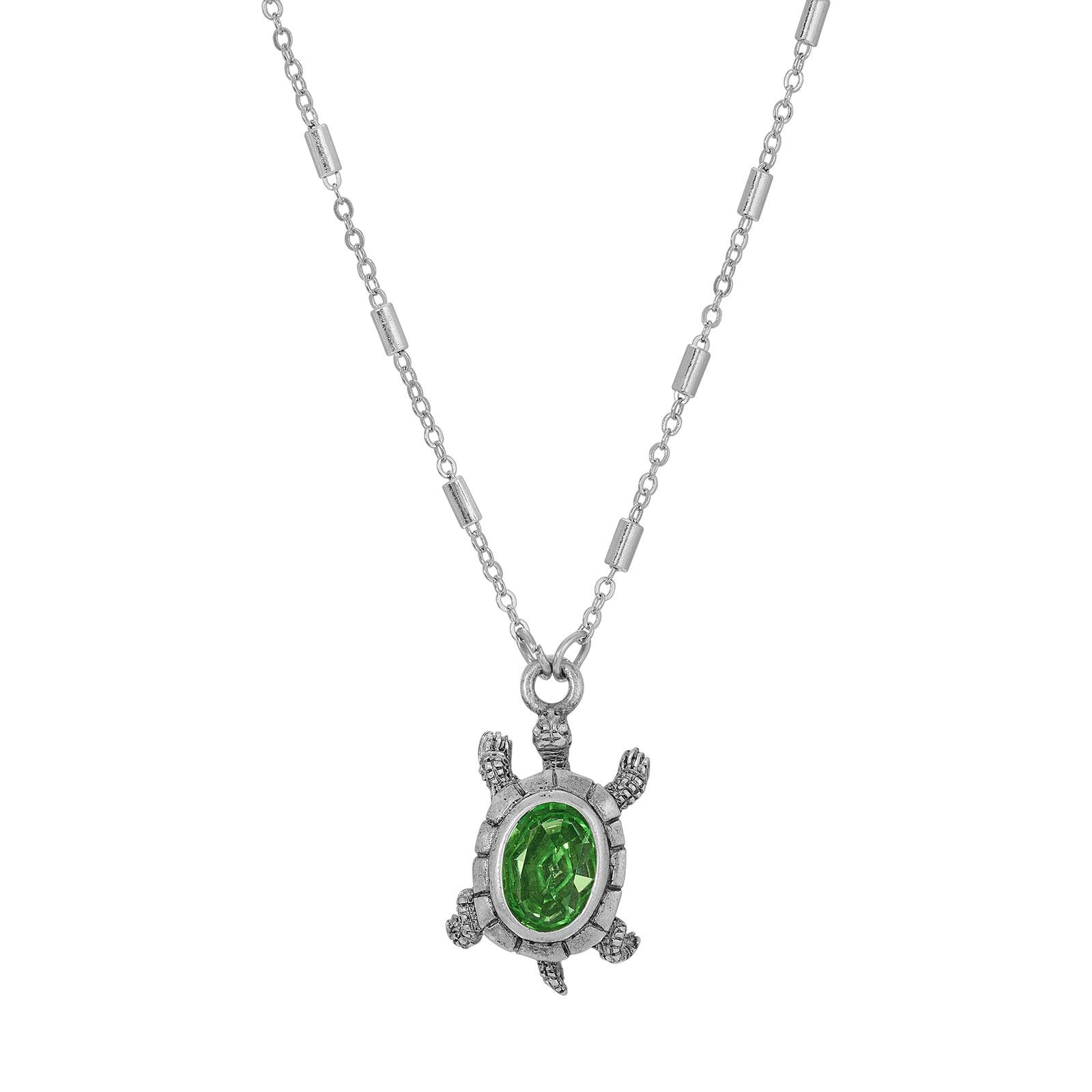 1928 Green Crystal Turtle Pendant Necklace - 18 Inch Adjustable Chain, Elegant Reptile Jewelry for Women - Perfect for Beach Vacations, Boho Fashion & Nature Lovers
