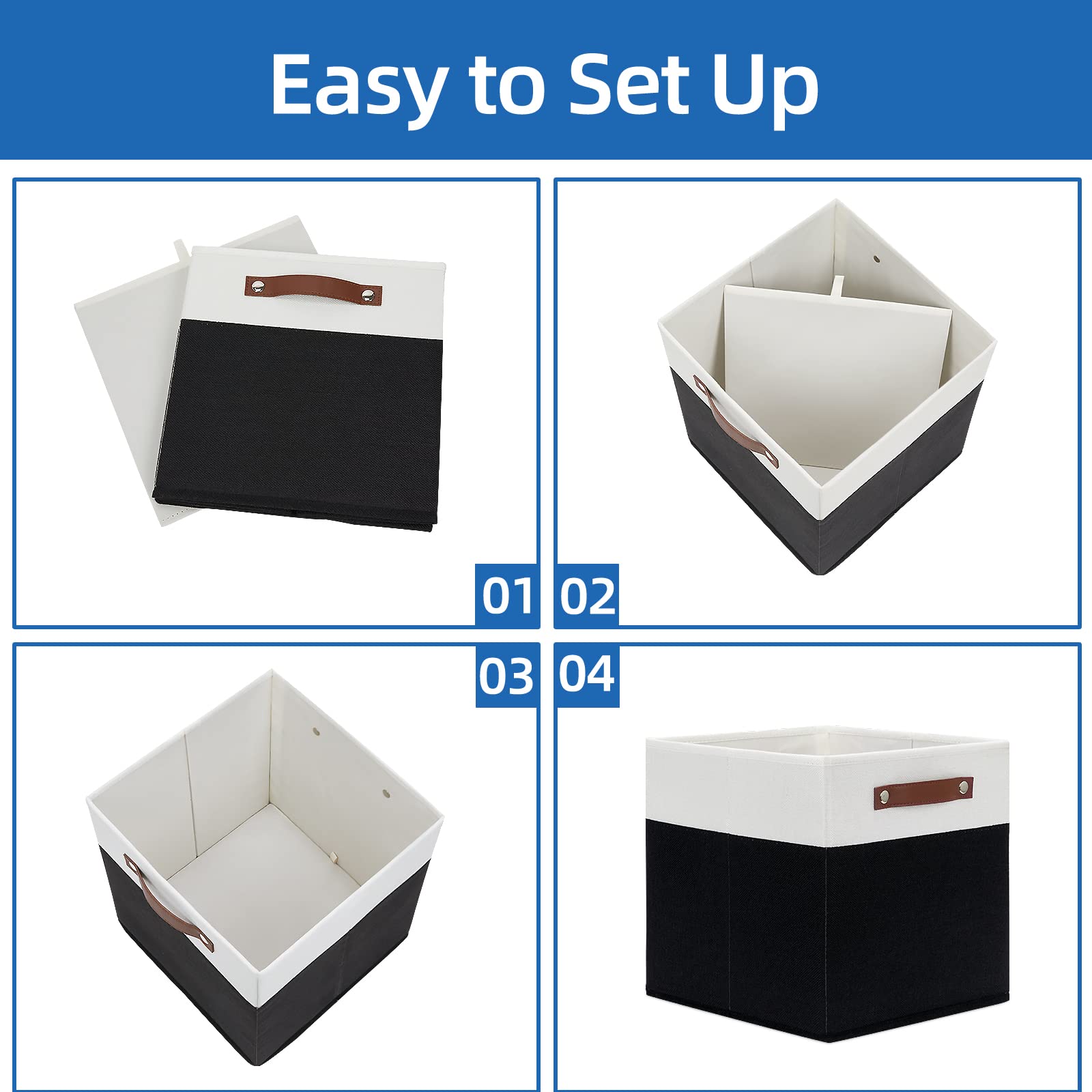 Temary 4-Pack Foldable Storage Cubes with Handles - Decorative Fabric Organizer Bins for Closet, Bedroom, Office, Nursery (White & Black) | Space-Saving Home Organization Solution for Toys, Books, Clothes & More