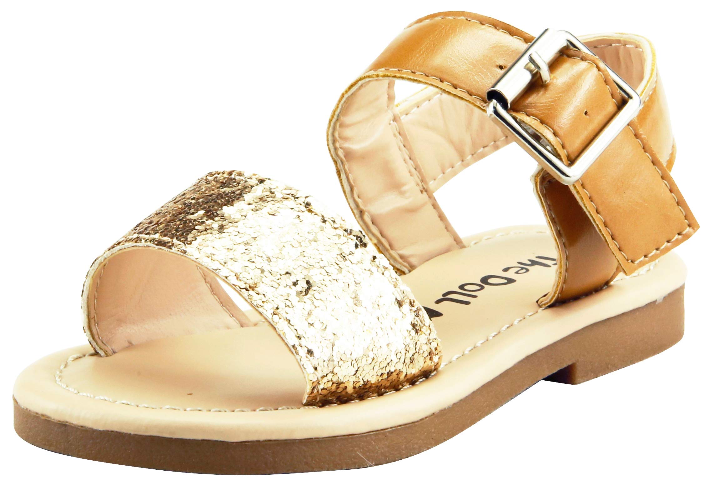 **The Doll Maker Girls' Open Toe Glitter Sandals – Sparkly Flat Shoes for Toddlers & Little Kids – Perfect for Parties, Playdates & Summer Outfits**