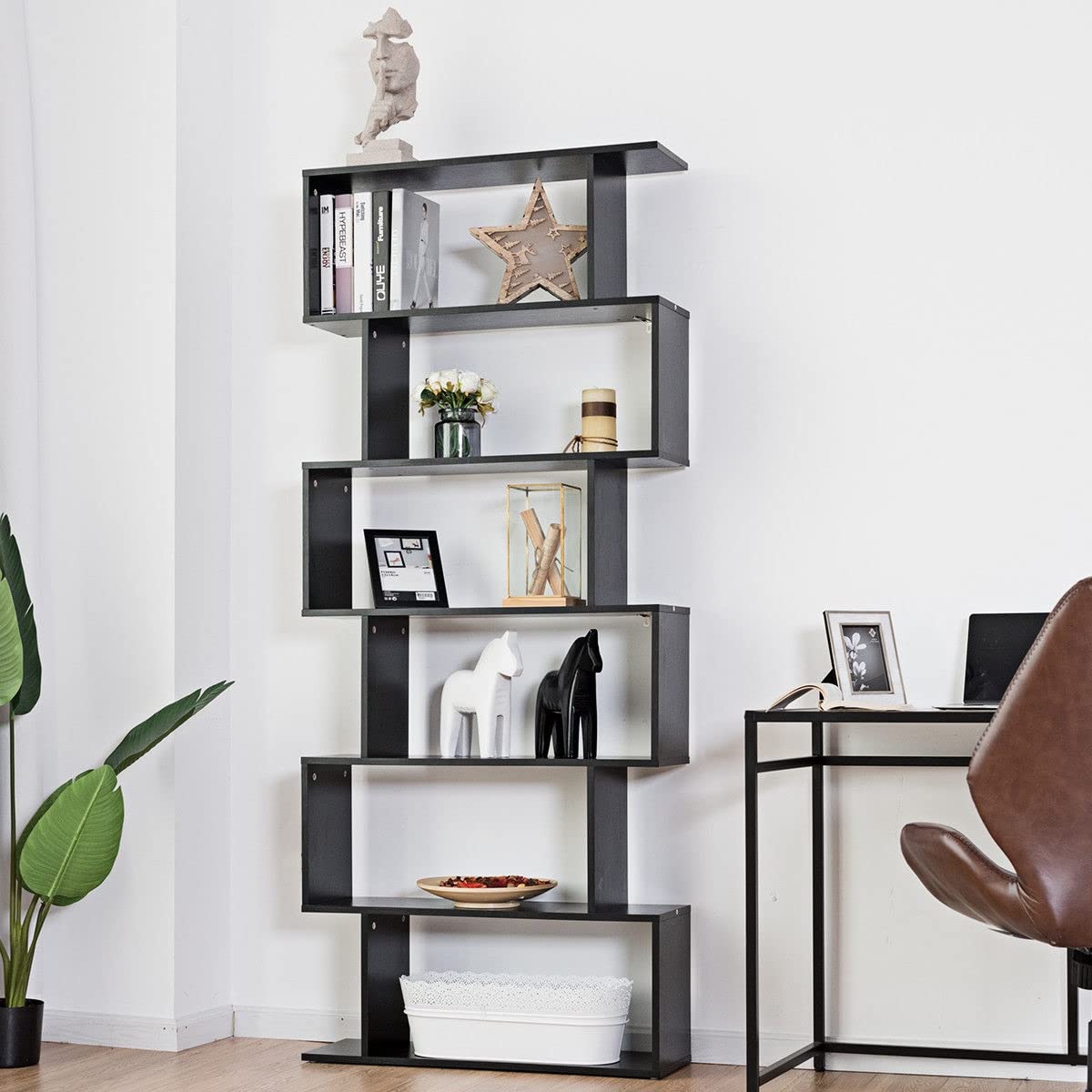 6-Tier S-Shaped Wooden Bookshelf - Freestanding Decorative Storage Shelf & Room Divider for Living Room, Home Office | Z-Shelf Style Bookcase for Display & Organization