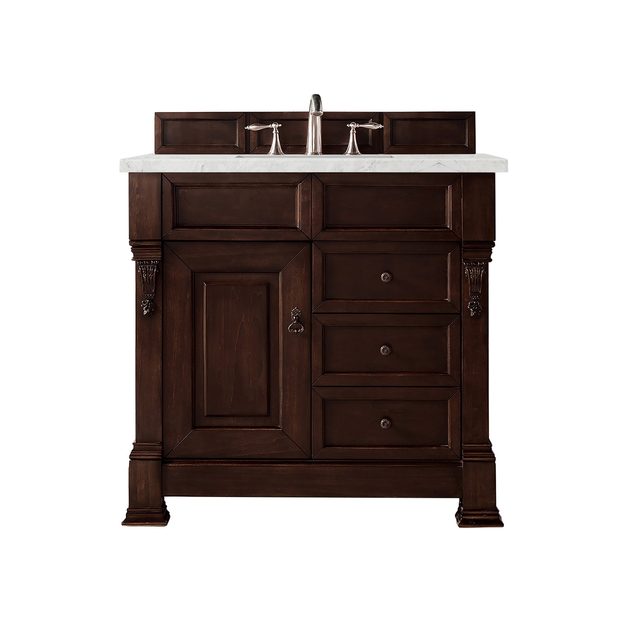 Brookfield 36 Inch Single Bathroom Vanity with Burnished Mahogany Base & 3CM Eternal Jasmine Pearl Quartz Countertop - Perfect for Modern Master Bathrooms and Powder Rooms