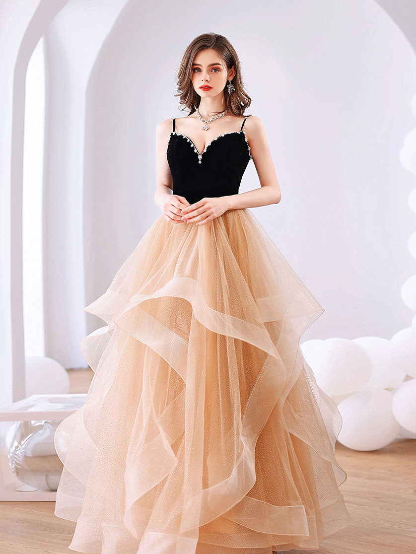 Elegant Champagne Tulle Long Prom Dress & Formal Graduation Gown - Perfect for Homecoming, Quinceañera, and Evening Galas