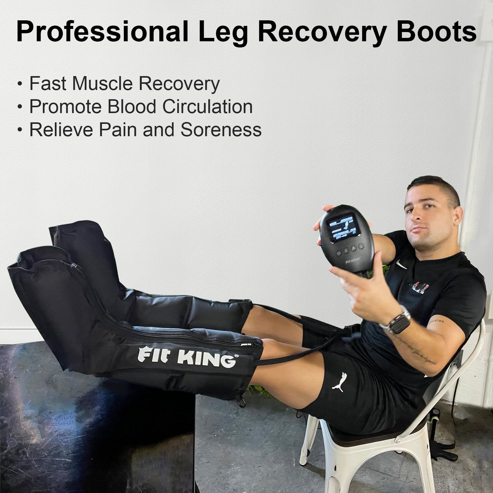 FIT KING Air Compression Leg Massager Boots - Fast Recovery for Foot & Calf Pain Relief, Muscle Soreness, Swelling Reduction - Improves Blood Circulation - FSA/HSA Eligible - Perfect for Post-Workout Recovery, Injury Rehabilitation & Circulation Therapy