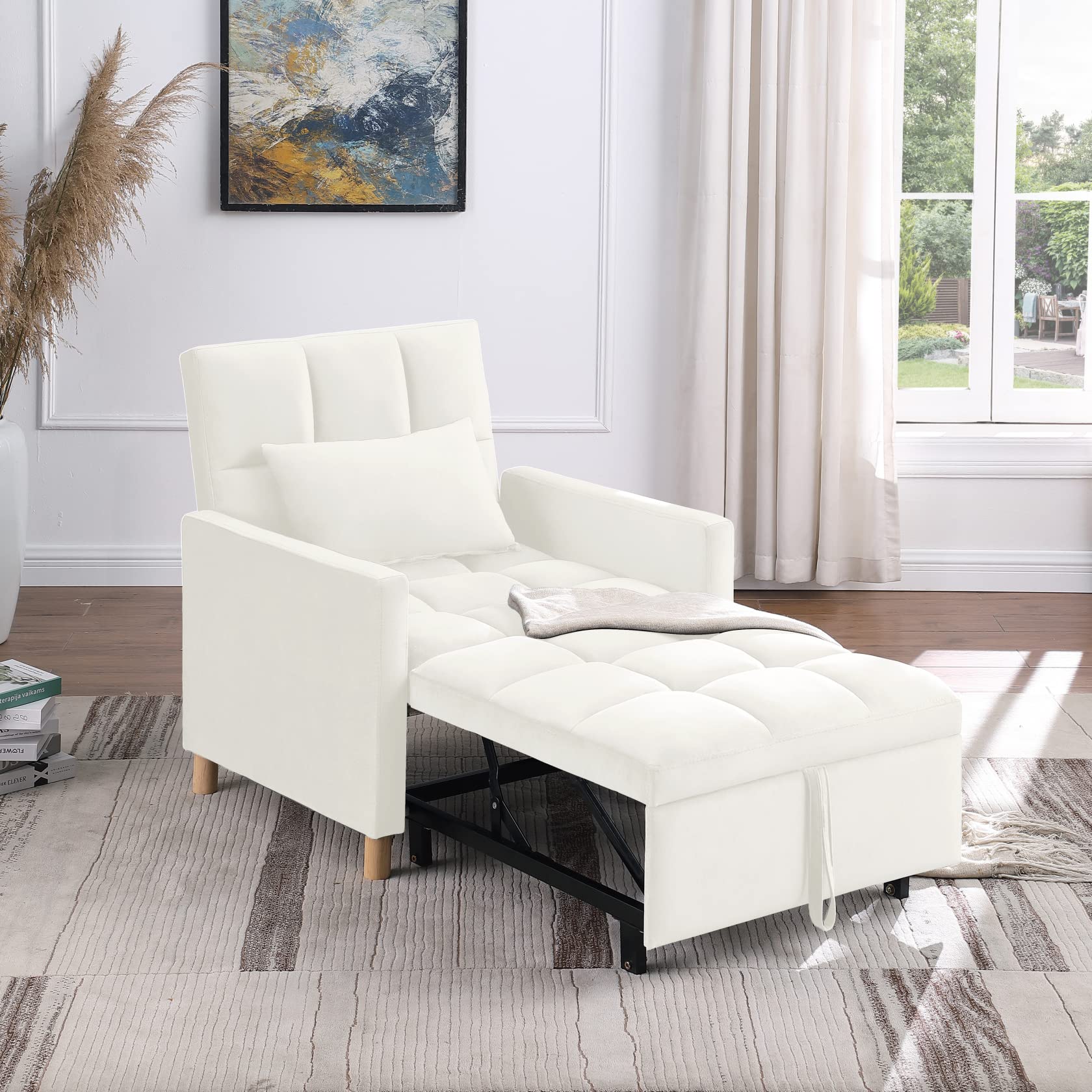 3-in-1 Convertible Sleeper Sofa Chair Bed - Adjustable Velvet Lounge Chair with Pillow for Living Room, Dorm, Apartment, Bedroom & Office | Multi-Functional Space-Saving Furniture for Small Spaces, Guest Sleeping & Relaxation | Beige