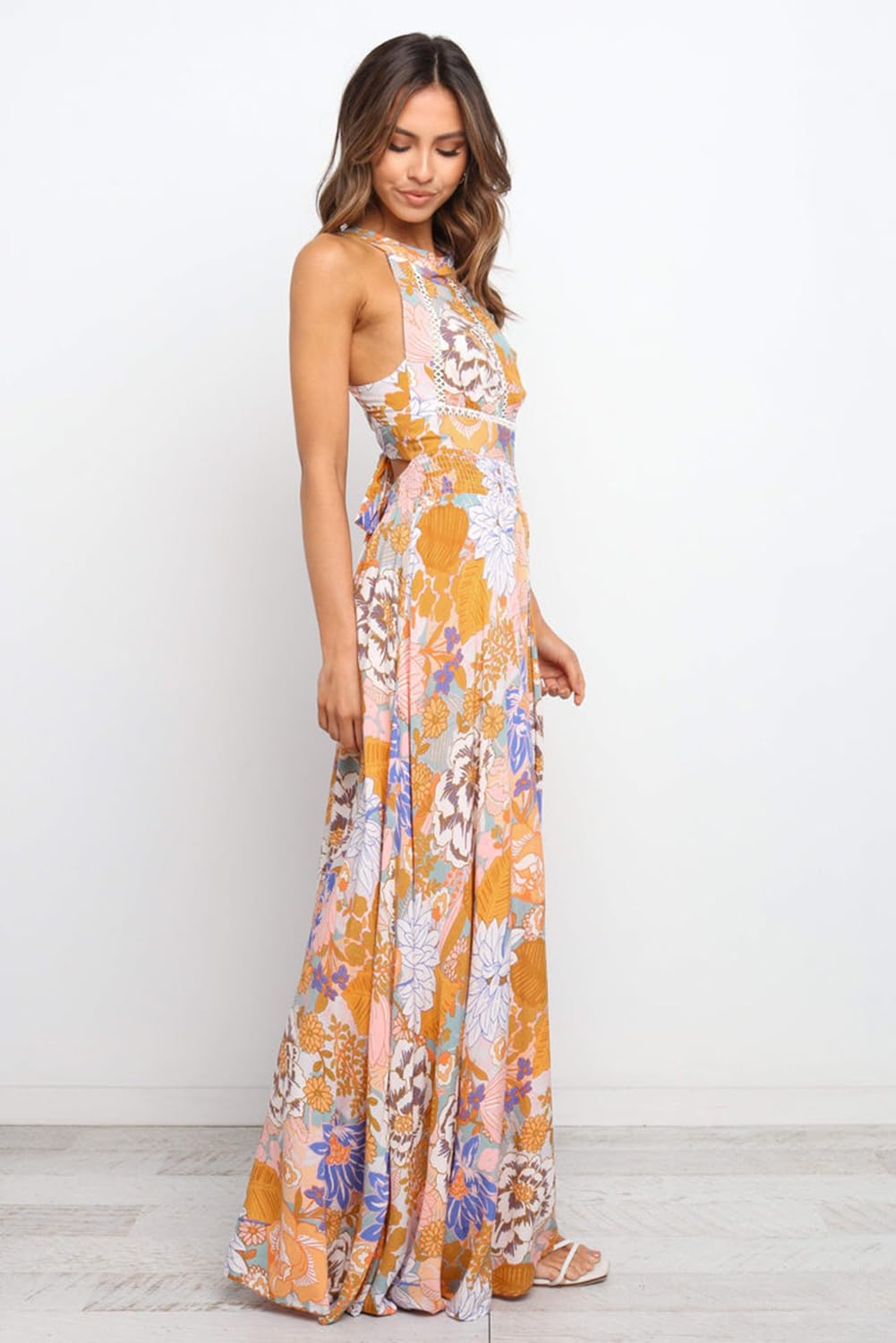 Women's Summer Floral Maxi Dress - Orange Boho Backless Lace-Up Sleeveless Long Dress for Beach, Vacation & Outdoor Parties
