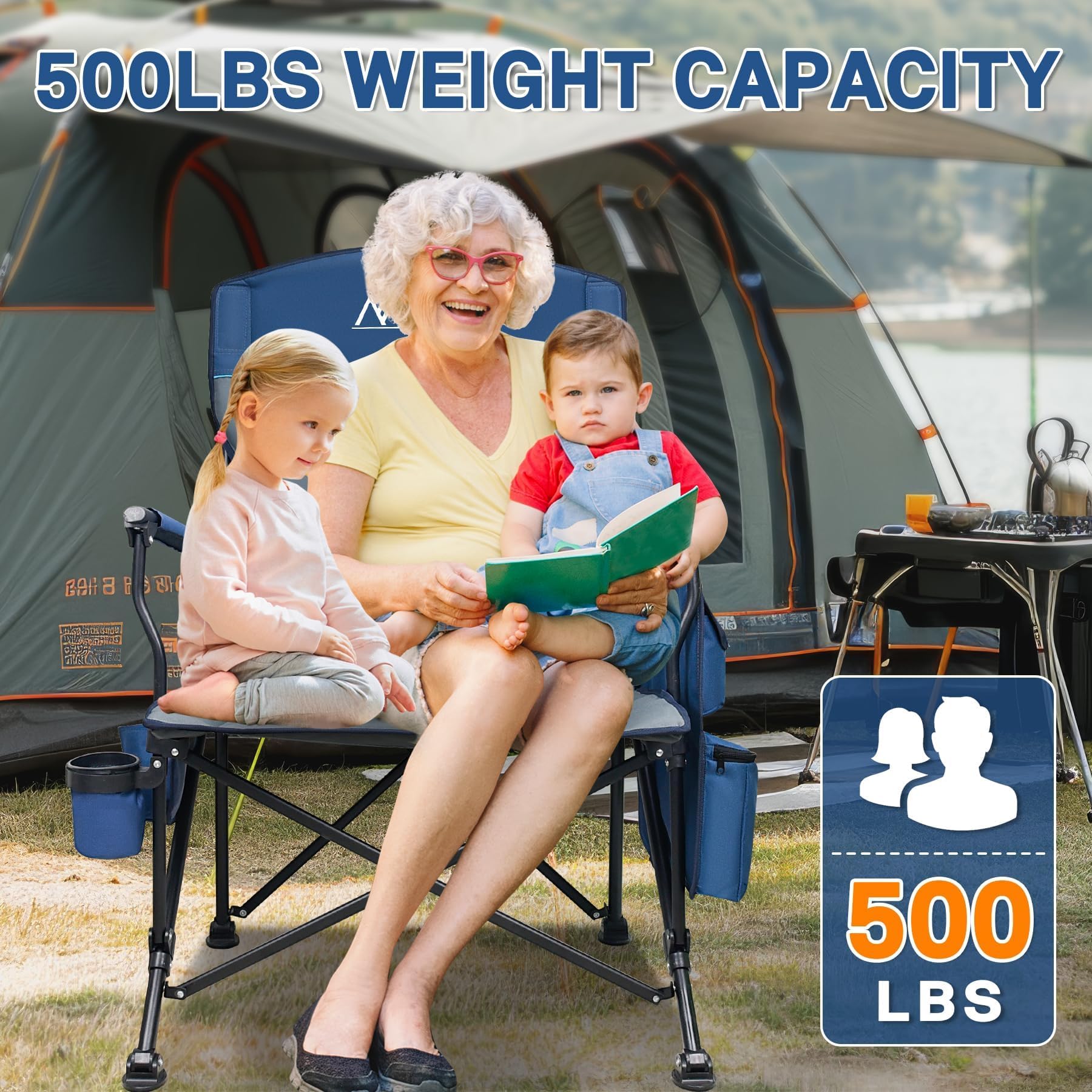 MENOLY Oversized Folding Camping Chair with Cooler Bag - Heavy Duty 500lbs Capacity Portable Chair for Adults - Side Pockets & Cup Holder - Perfect for Camping, Beach, Fishing, Backyard & Outdoor Events