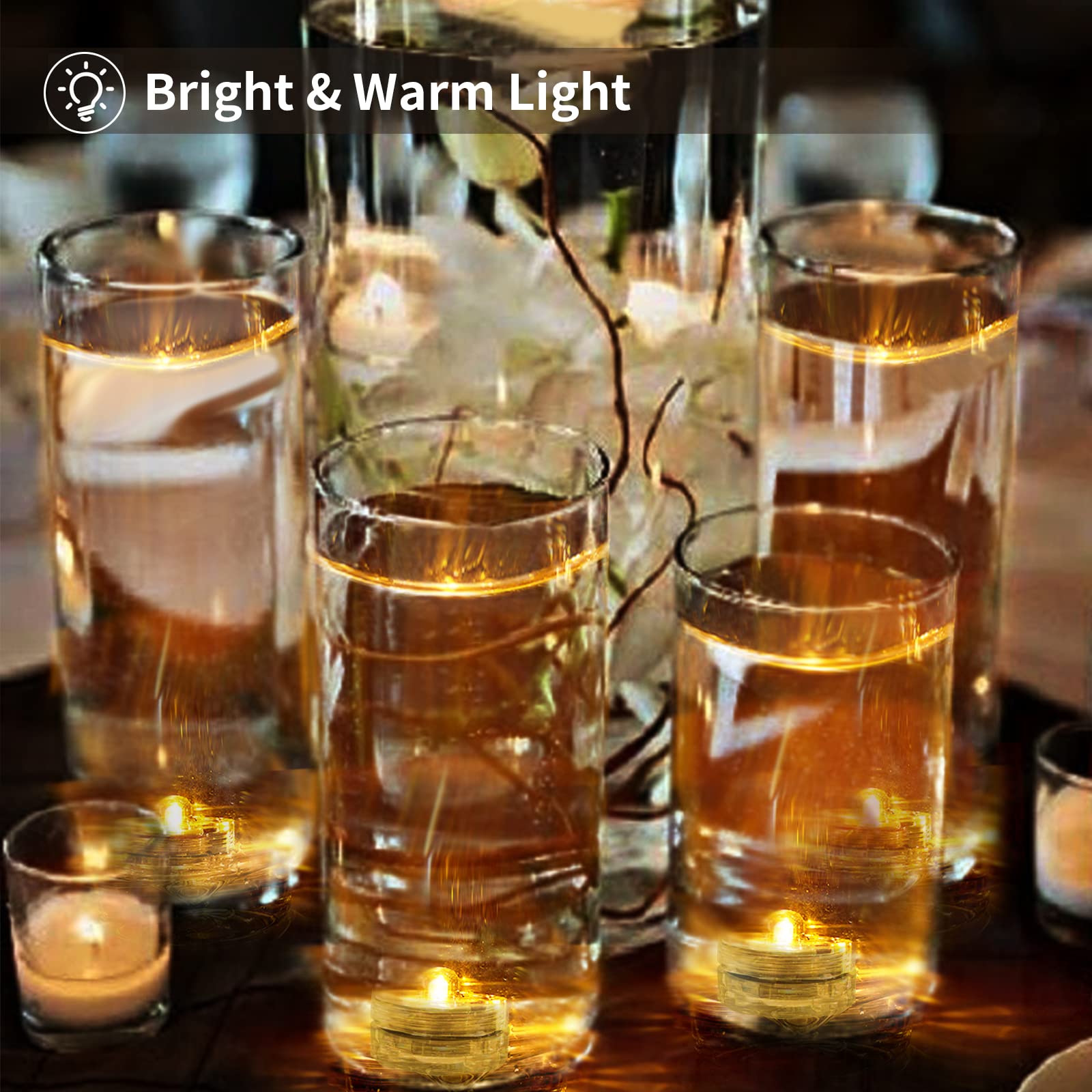 24 Pack SHYMERY Submersible LED Tea Lights - Battery Powered Waterproof Flameless Candles for Vases, Fountains, Pools - Warm White Underwater Lights for Wedding Centerpieces, Party Decorations & Home Ambiance