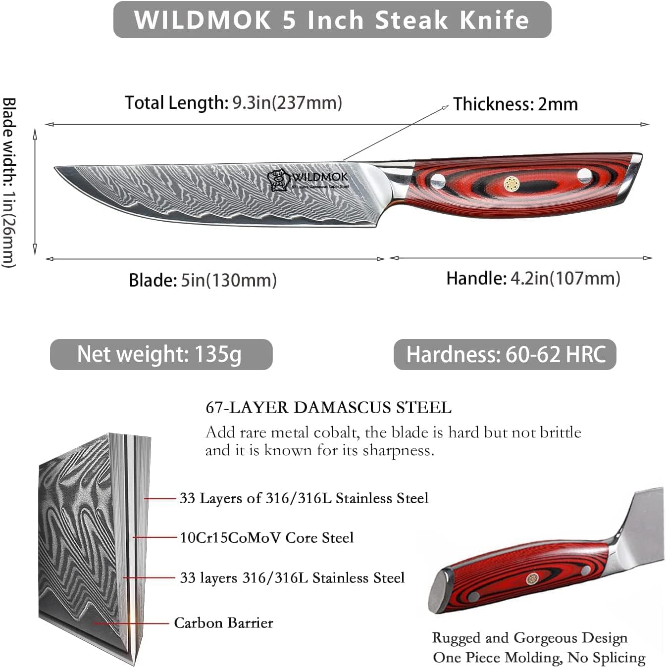 Premium 5 Inch Damascus Steak Knives Set - 4pcs Sharp Professional Japanese VG10 Steel Kitchen Knives with Full Tang G10 Handle - Perfect for Steak Dinners, BBQ Parties & Gourmet Cooking